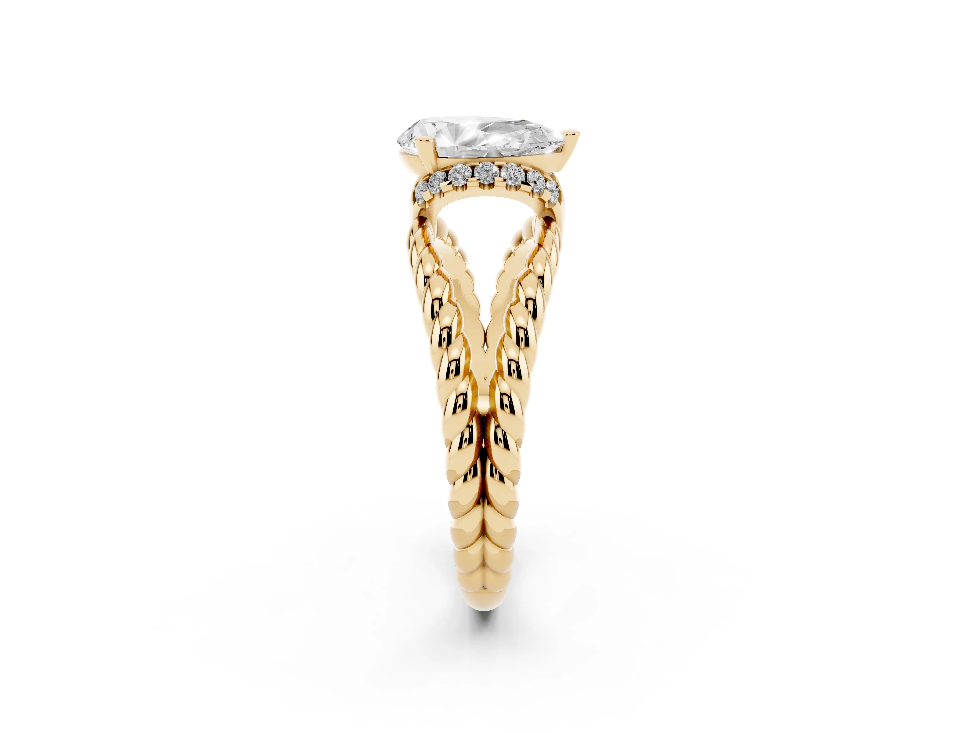 Pear Cut Diamond Halo Ring Set in Yellow gold with Twisted Band and Prong Setting