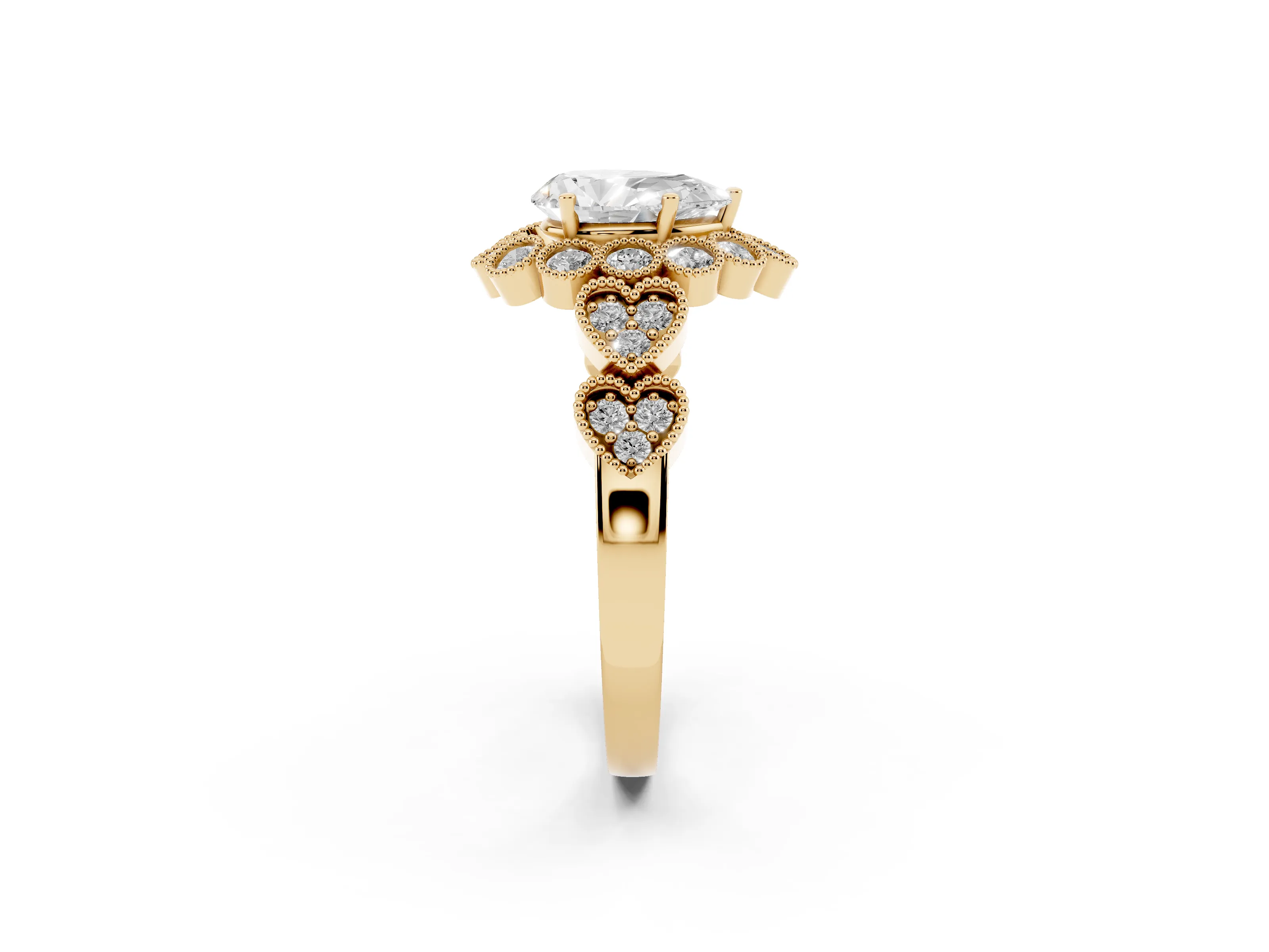 Pear Cut Diamond Solitaire Ring Set in Yellow gold with Milgrain Pavé Heart Band