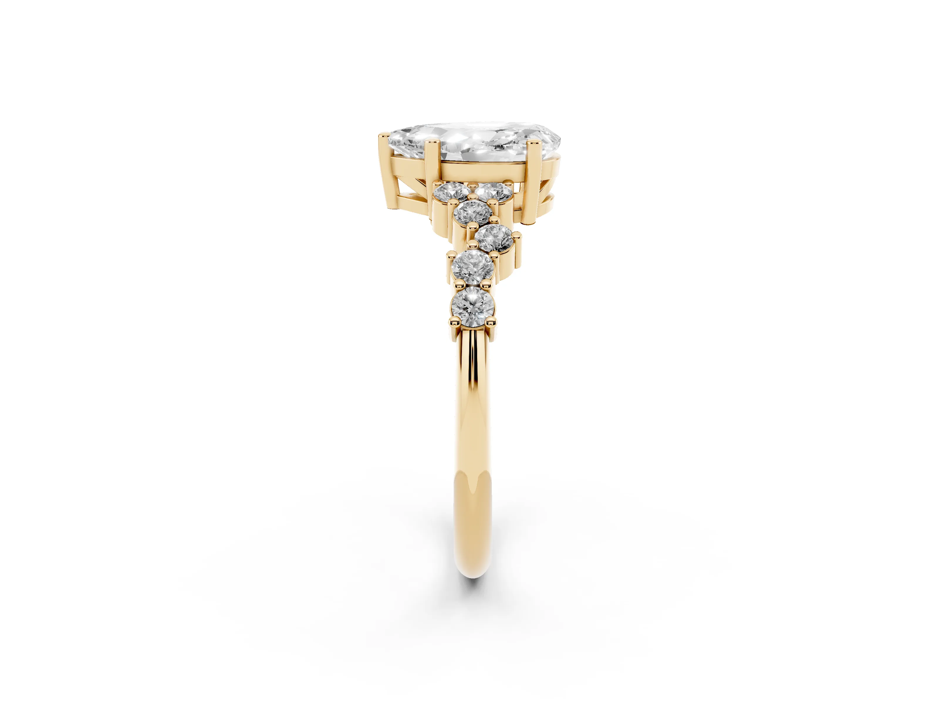 Pear Cut Diamond Ring Set in Yellow gold with Scattered Round Accents
