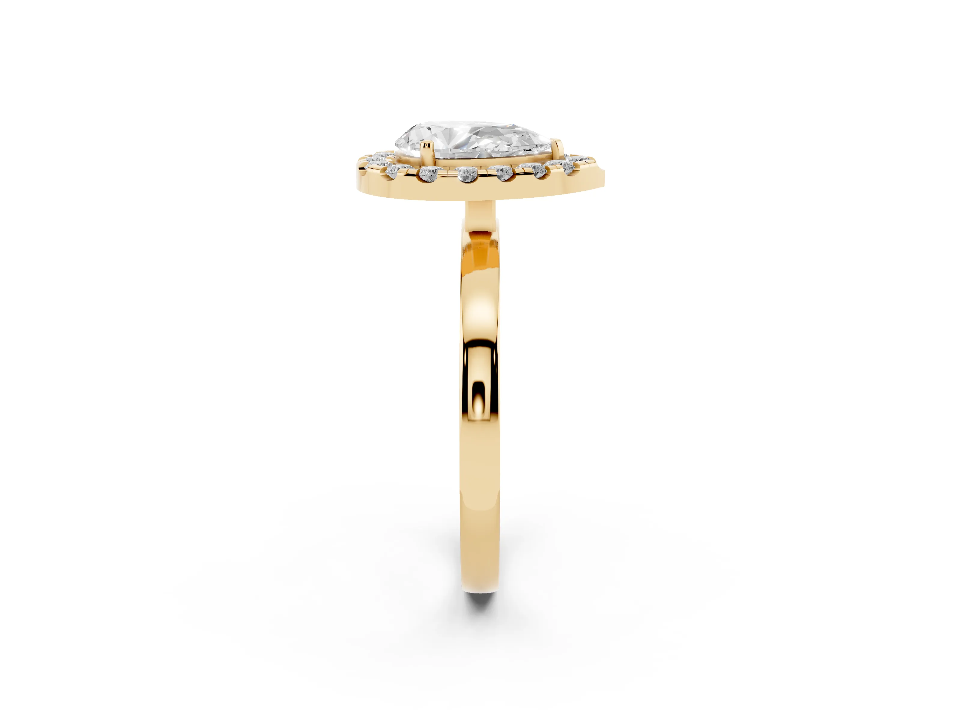 Pear Cut Diamond Halo Solitaire Ring Set in Yellow gold with Pavé Band and Prong Setting