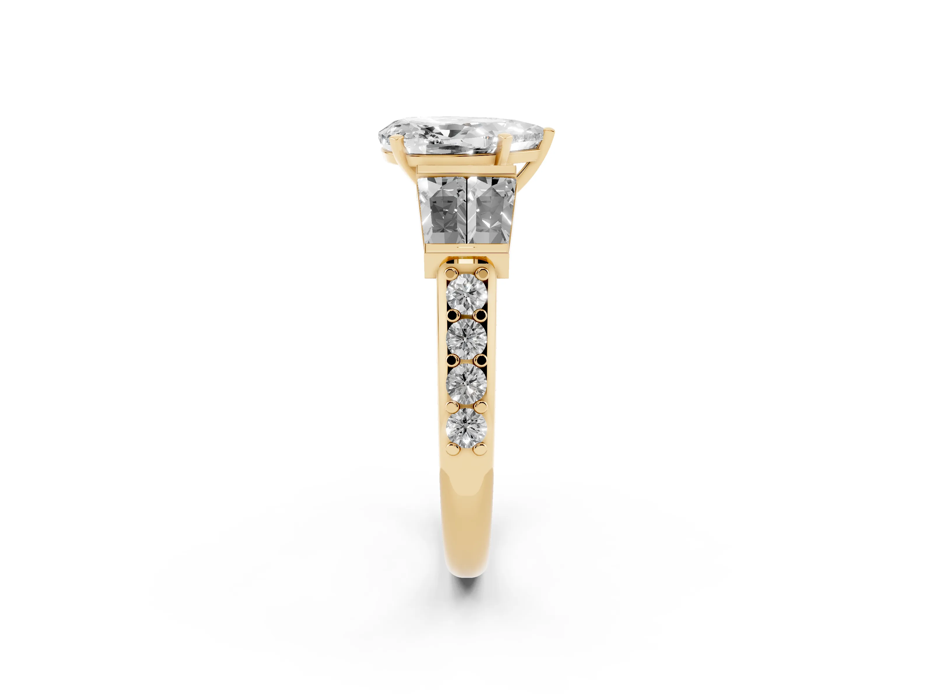 Pear Cut Diamond Engagement Ring Set in Yellow gold with Baguette Side Stones and Channel Set Band
