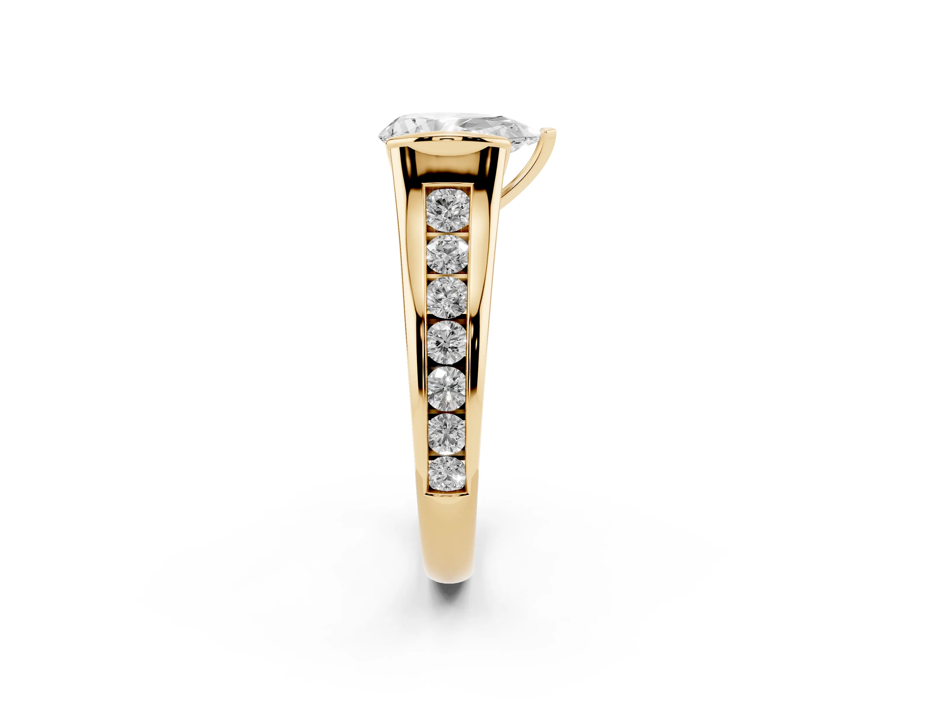 Pear Cut Diamond Bezel-Set Solitaire Ring Set in Yellow gold with Channel-Set Band