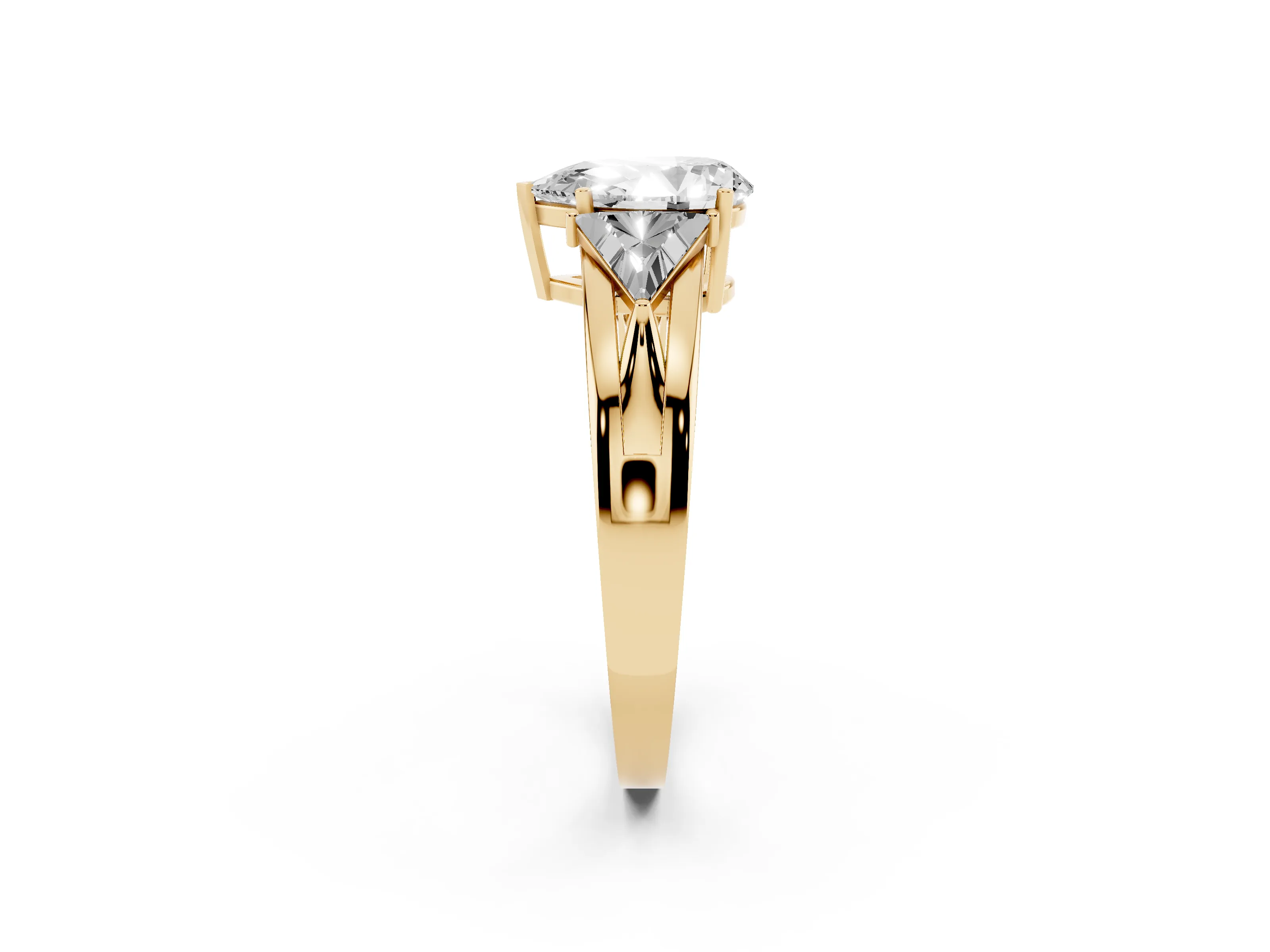 Pear Cut Diamond Three-Stone Ring Set in Yellow gold with Trillion Side Stones and Split Shank