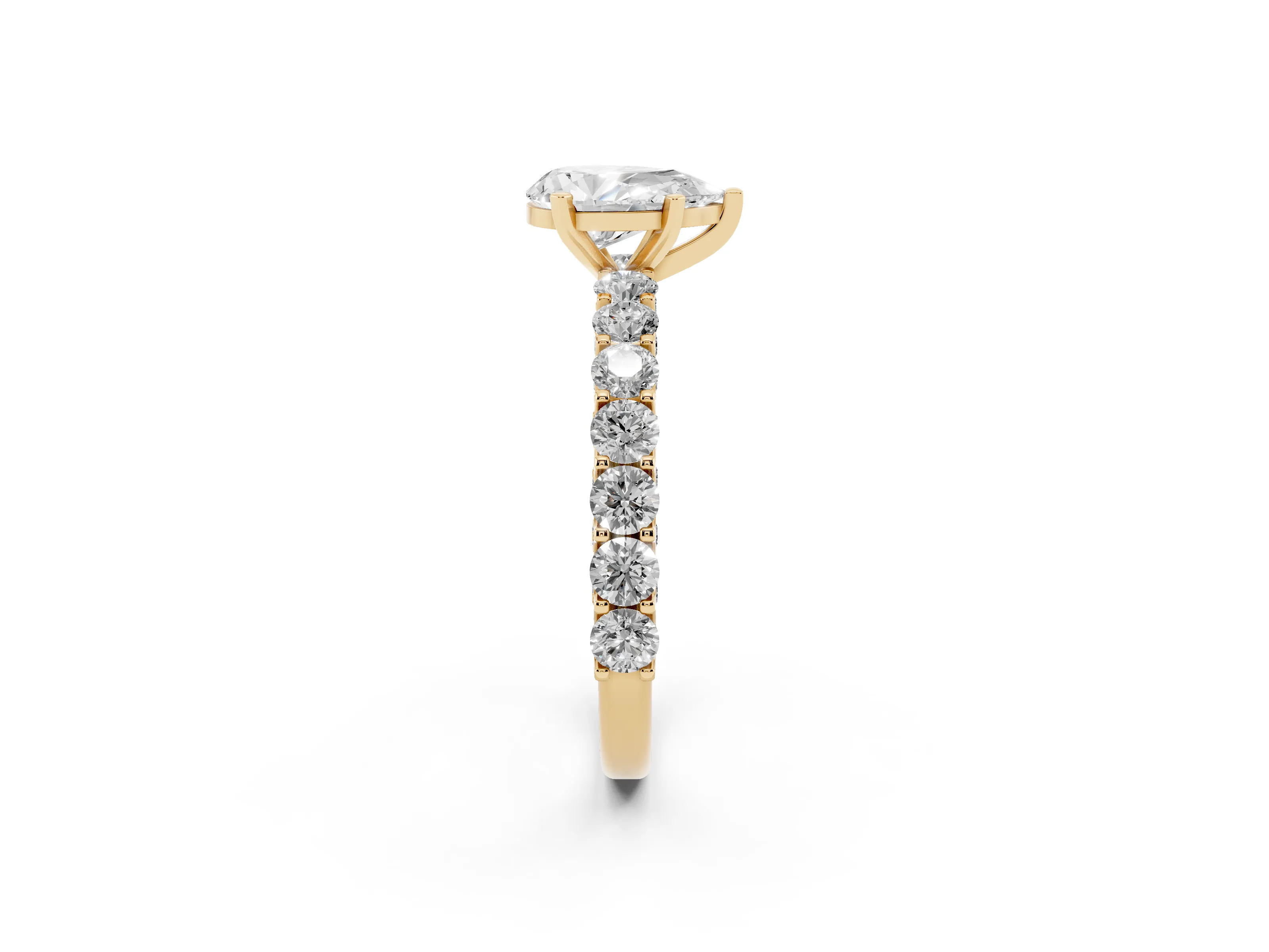 Pear Cut Diamond Solitaire Ring Set in Yellow gold with Shared Prong Pavé Band