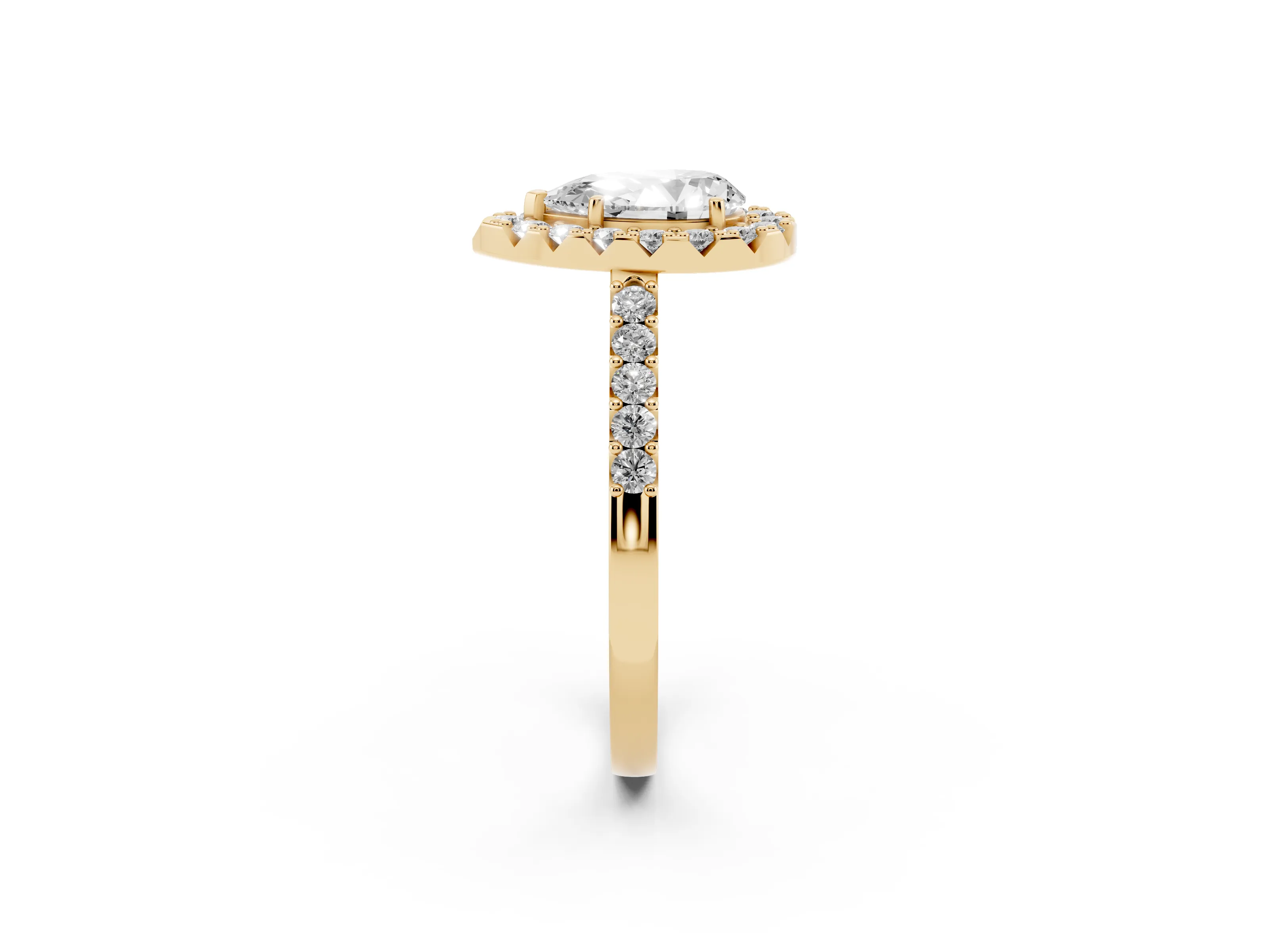 Pear Cut Diamond Halo Pavé Solitaire Ring Set in Yellow gold with Prong-Set Center Stone