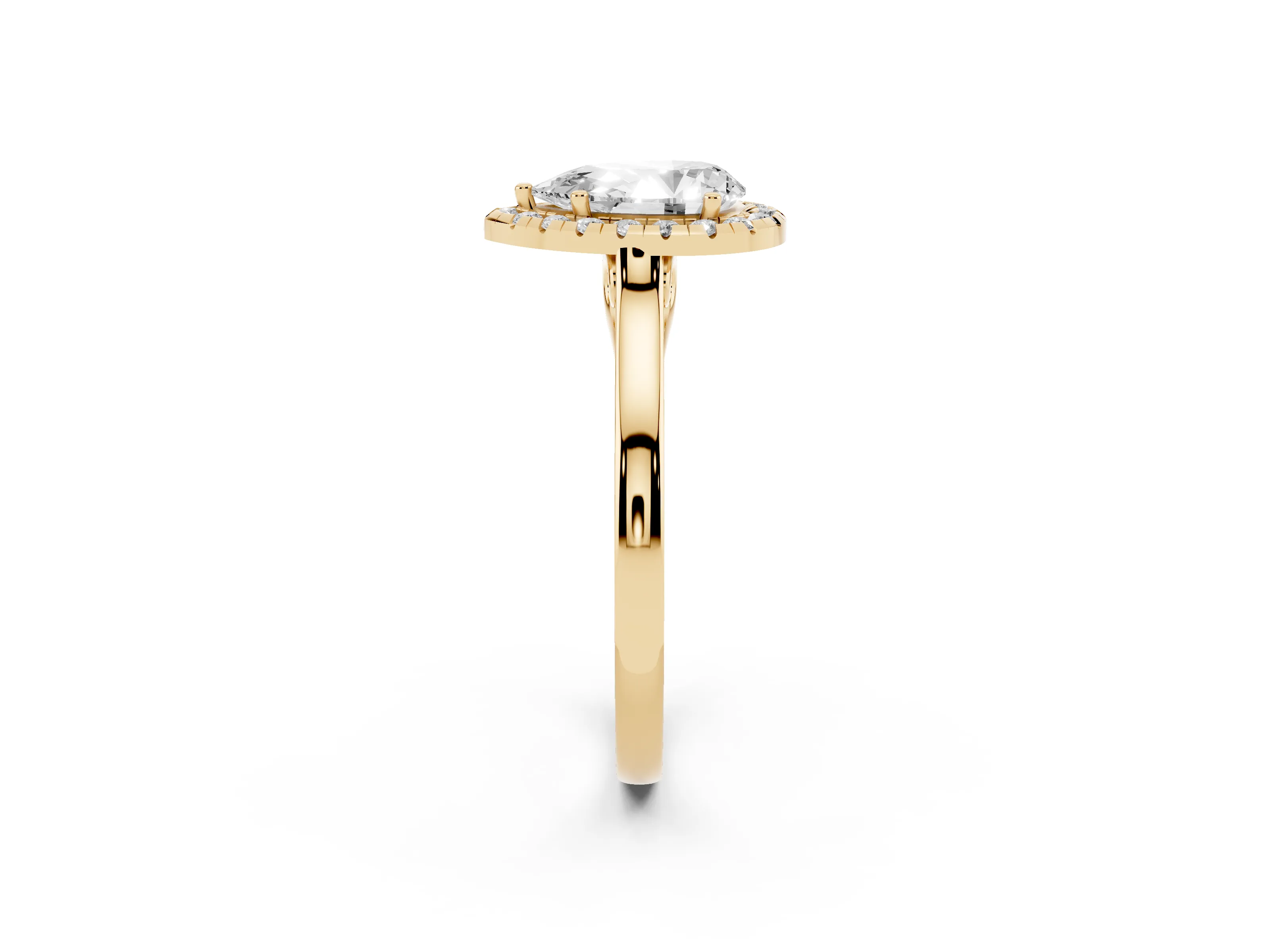 Pear Cut Halo Round Diamond Solitaire Ring Set in Yellow gold with Pavé Band and Prong Setting