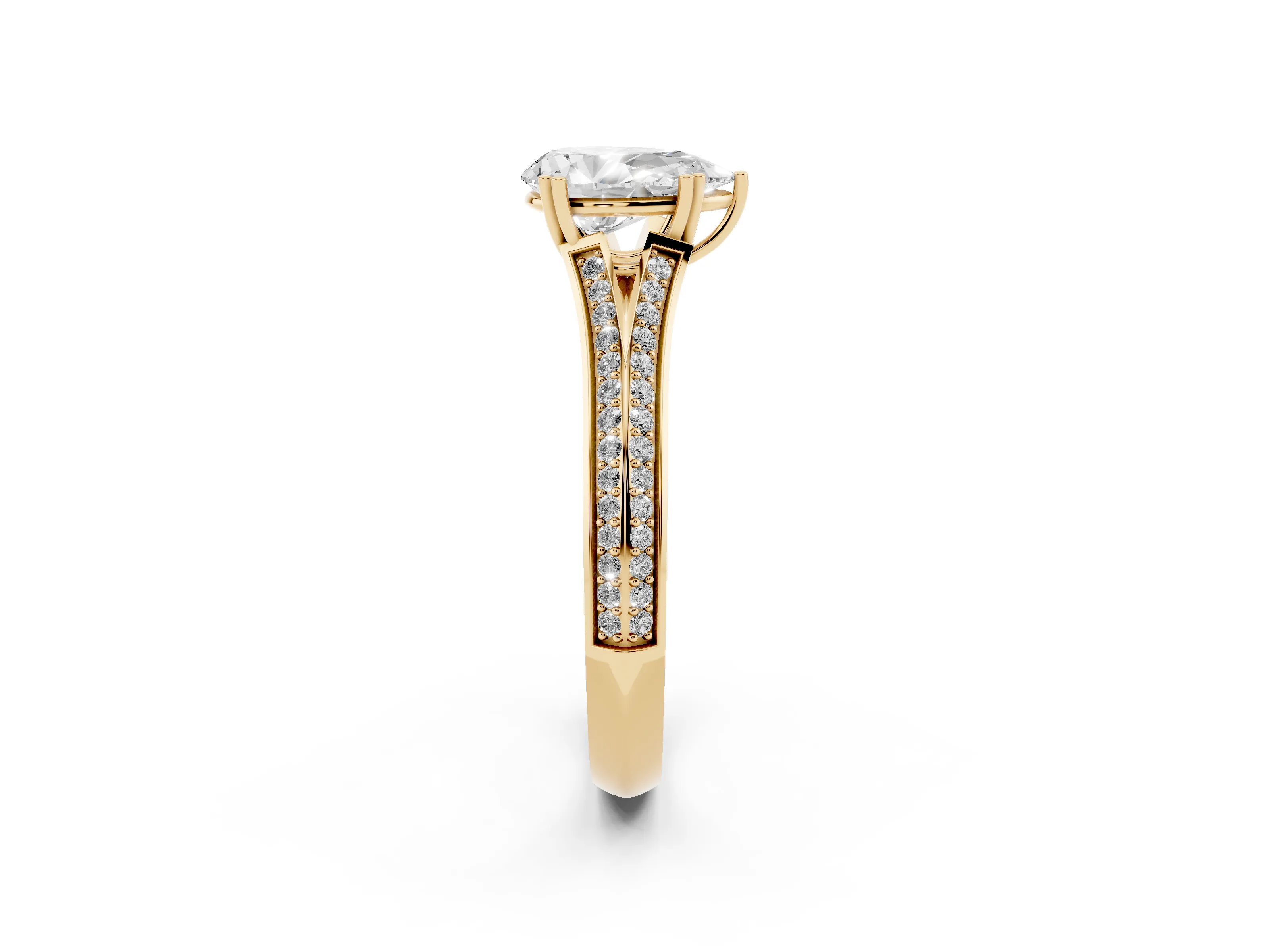 Pear Cut Diamond Split Shank Pavé Engagement Ring Set in Yellow gold with Prong-Set Center Stone