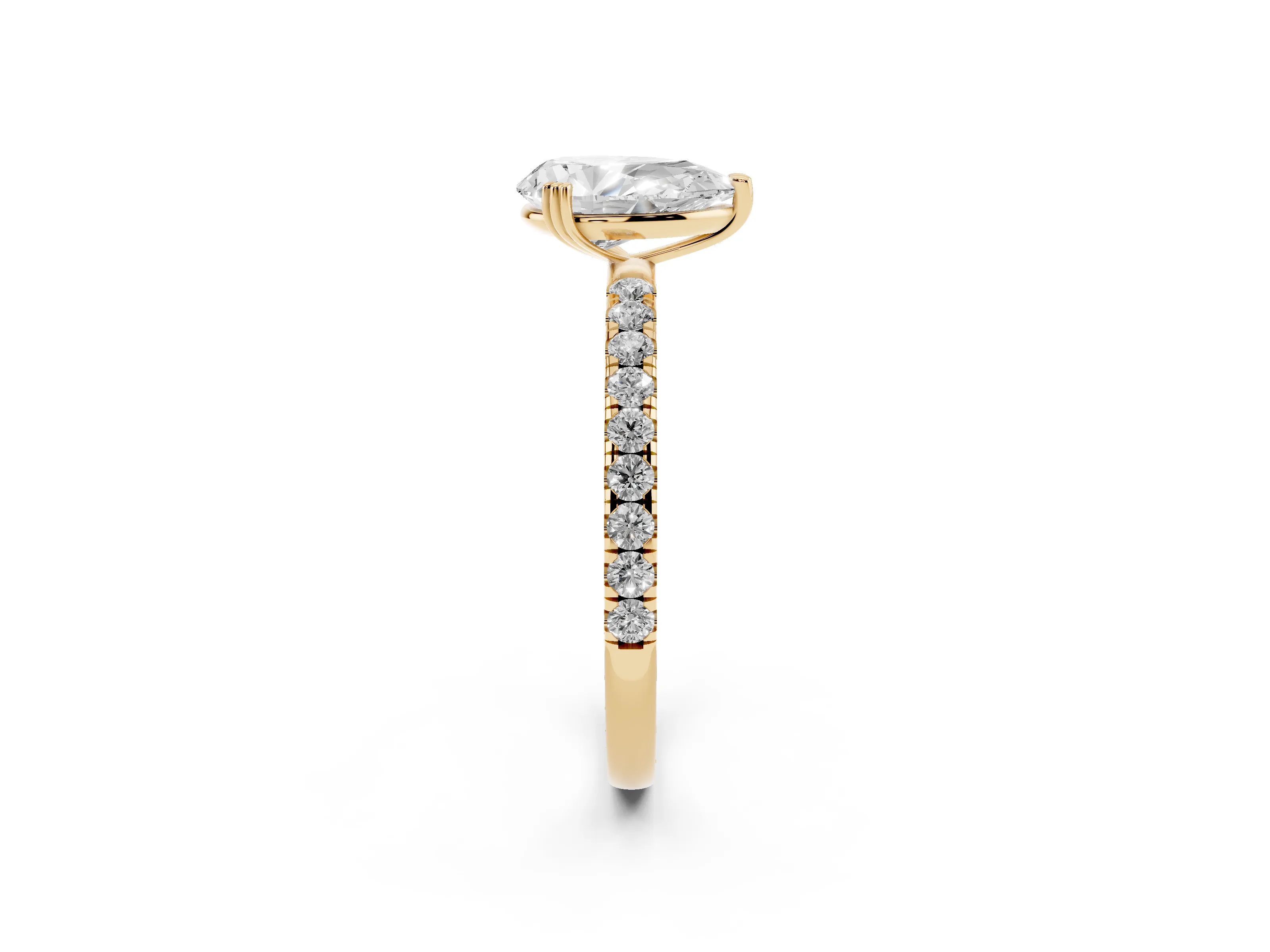 Pear Cut Diamond Brilliant Solitaire Set in Yellow gold with Pavé Band and Claw Prong Setting