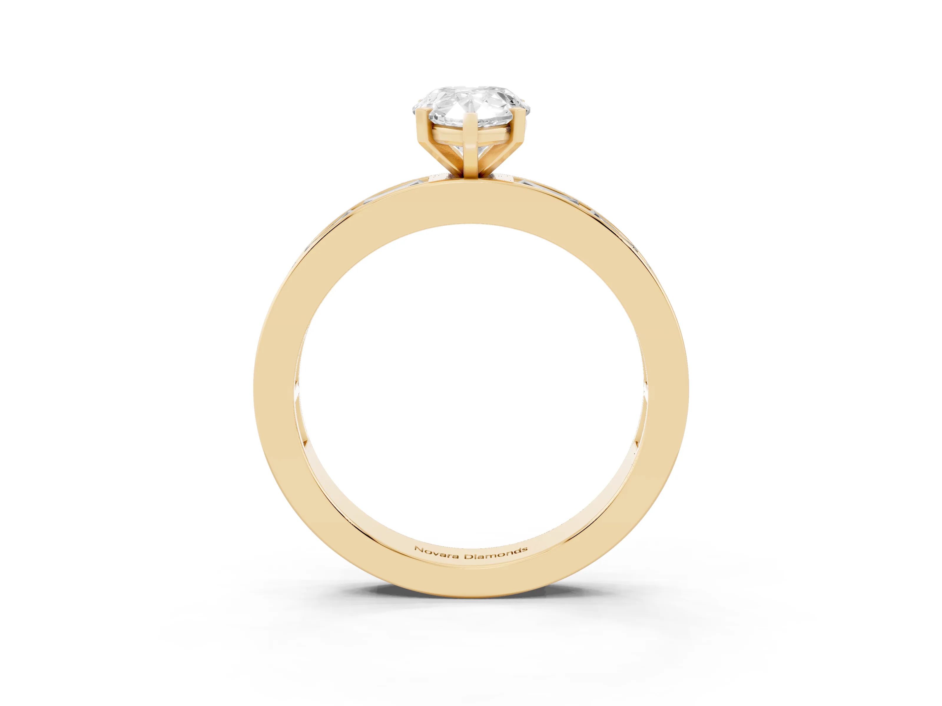 Pear Cut Diamond Solitaire Ring Set in Yellow gold with Channel-Set Baguette Band and Prong Setting