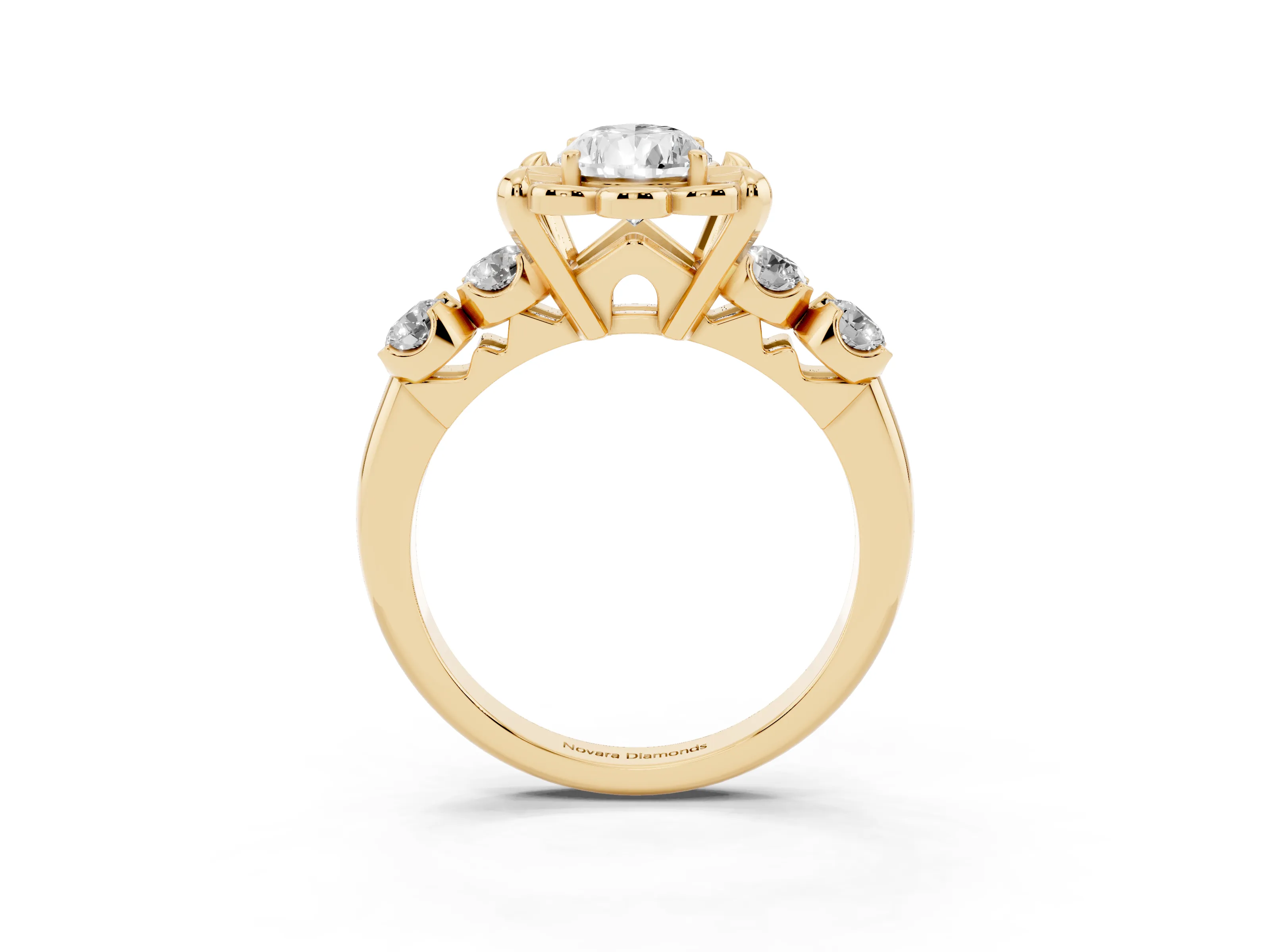 Pear Cut Diamond Floral Halo Ring Set in Yellow gold with Shared Prong Band