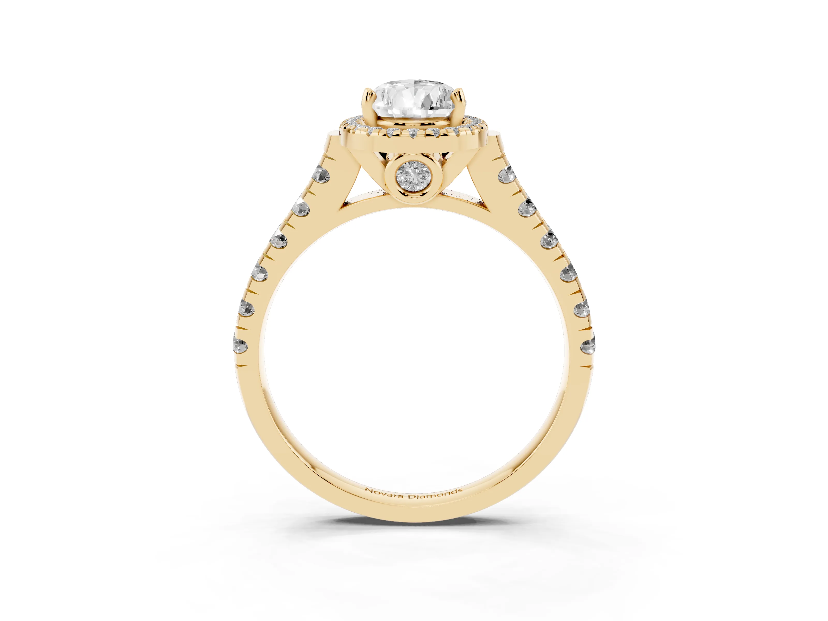 Pear Cut Diamond Halo Engagement Ring Set in Yellow gold with Pavé Band and Prong-Set Center