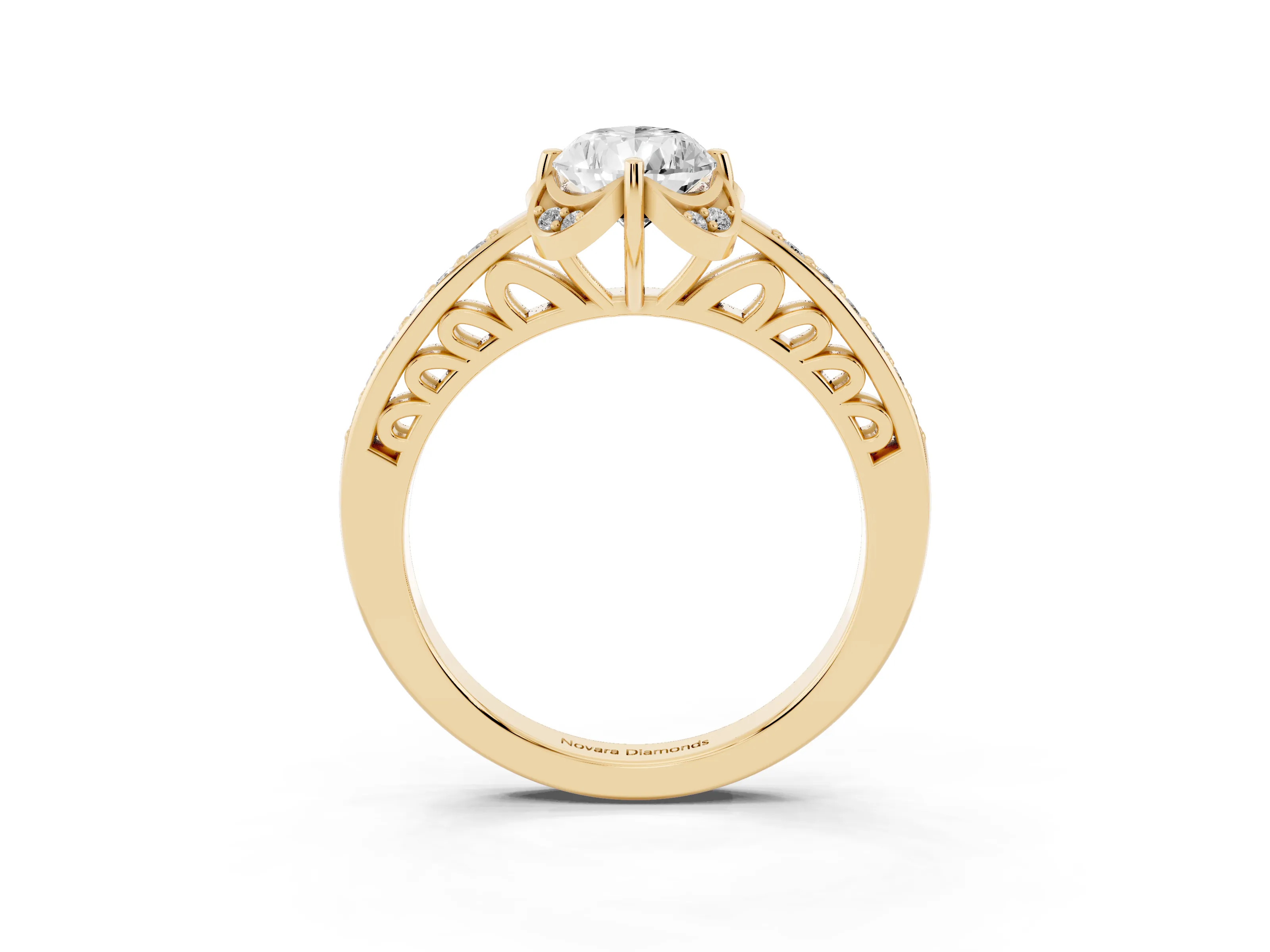 Pear Cut Diamond Halo Ring Set in Yellow gold with Channel Set Band and Prong Setting