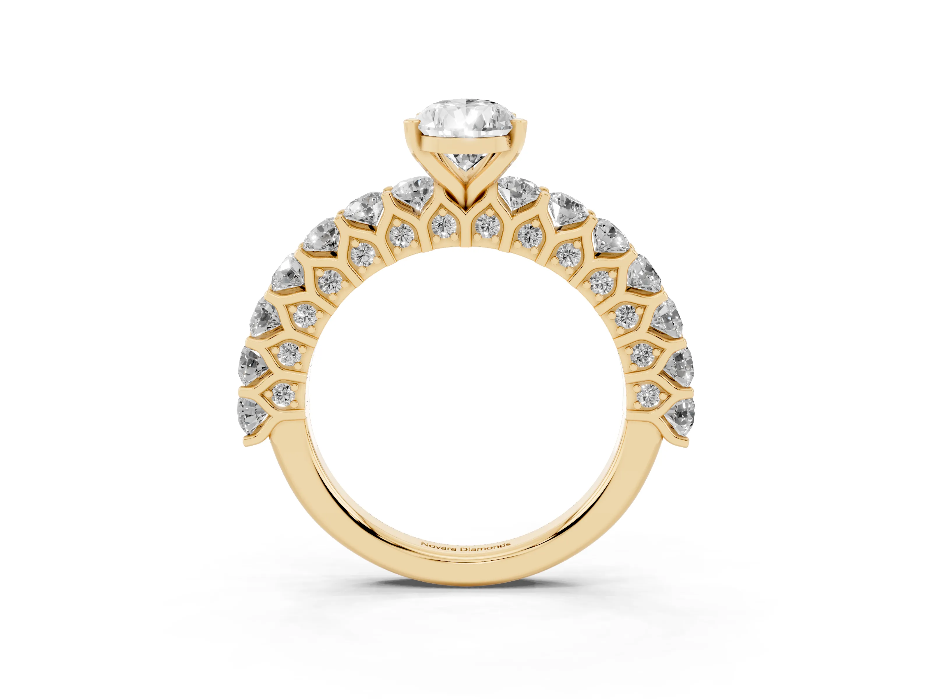 Pear Cut Diamond Solitaire Ring Set in Yellow gold with Shared Prong Pavé Band