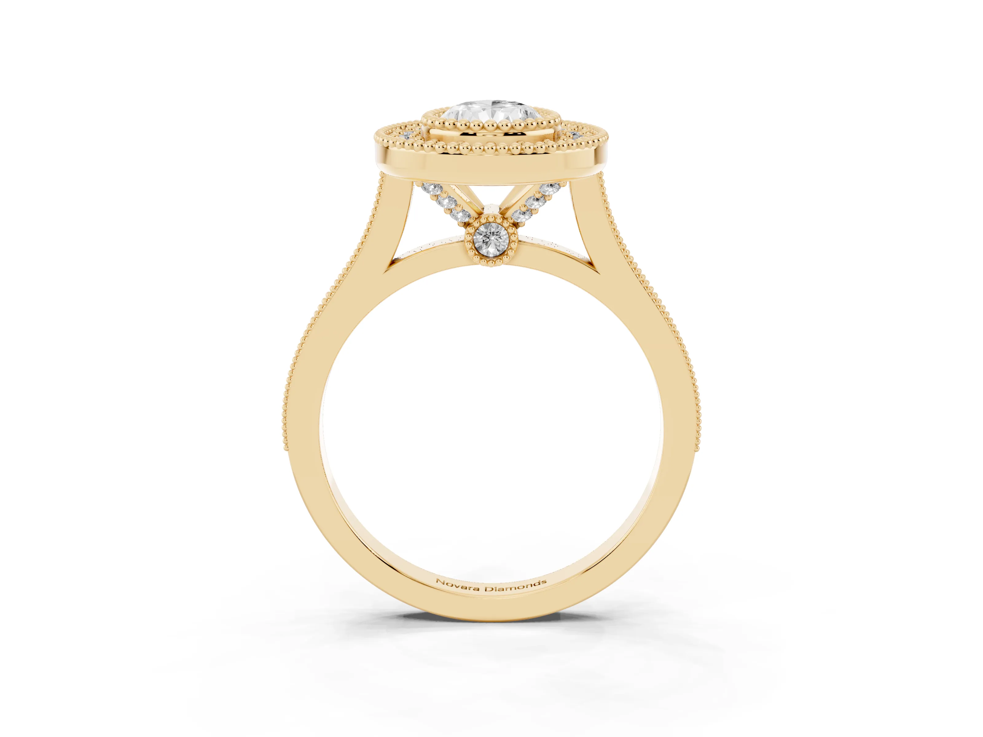 Pear Cut Diamond Halo Ring Set in Yellow gold with Milgrain Frame and Pavé Band