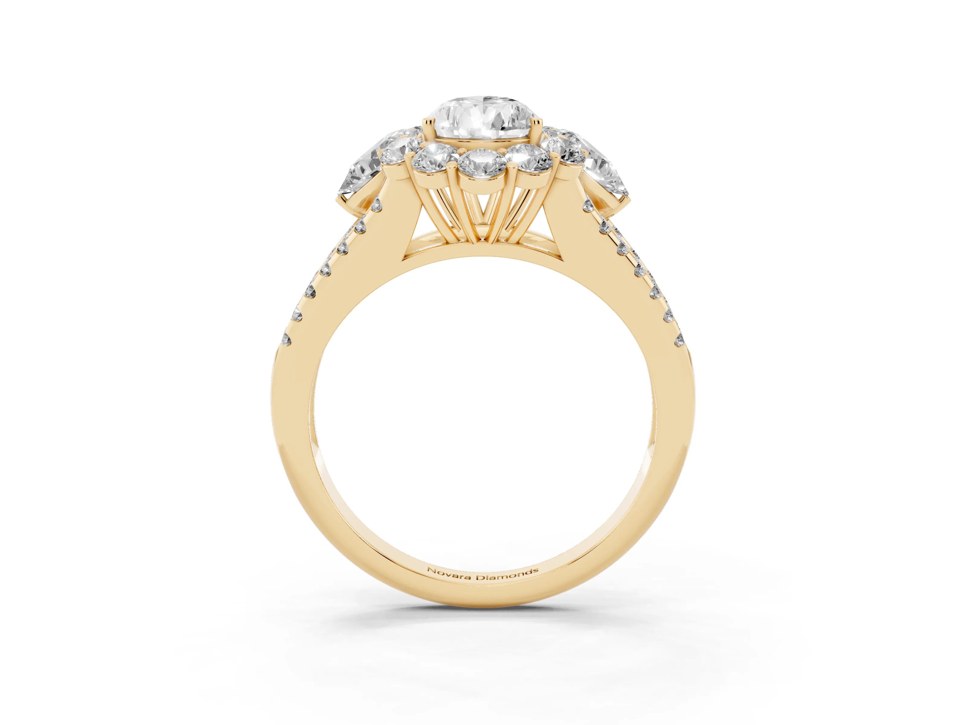 Pear Cut Diamond Halo Split Shank Engagement Ring Set in Yellow gold with Prong-Held Center Stone