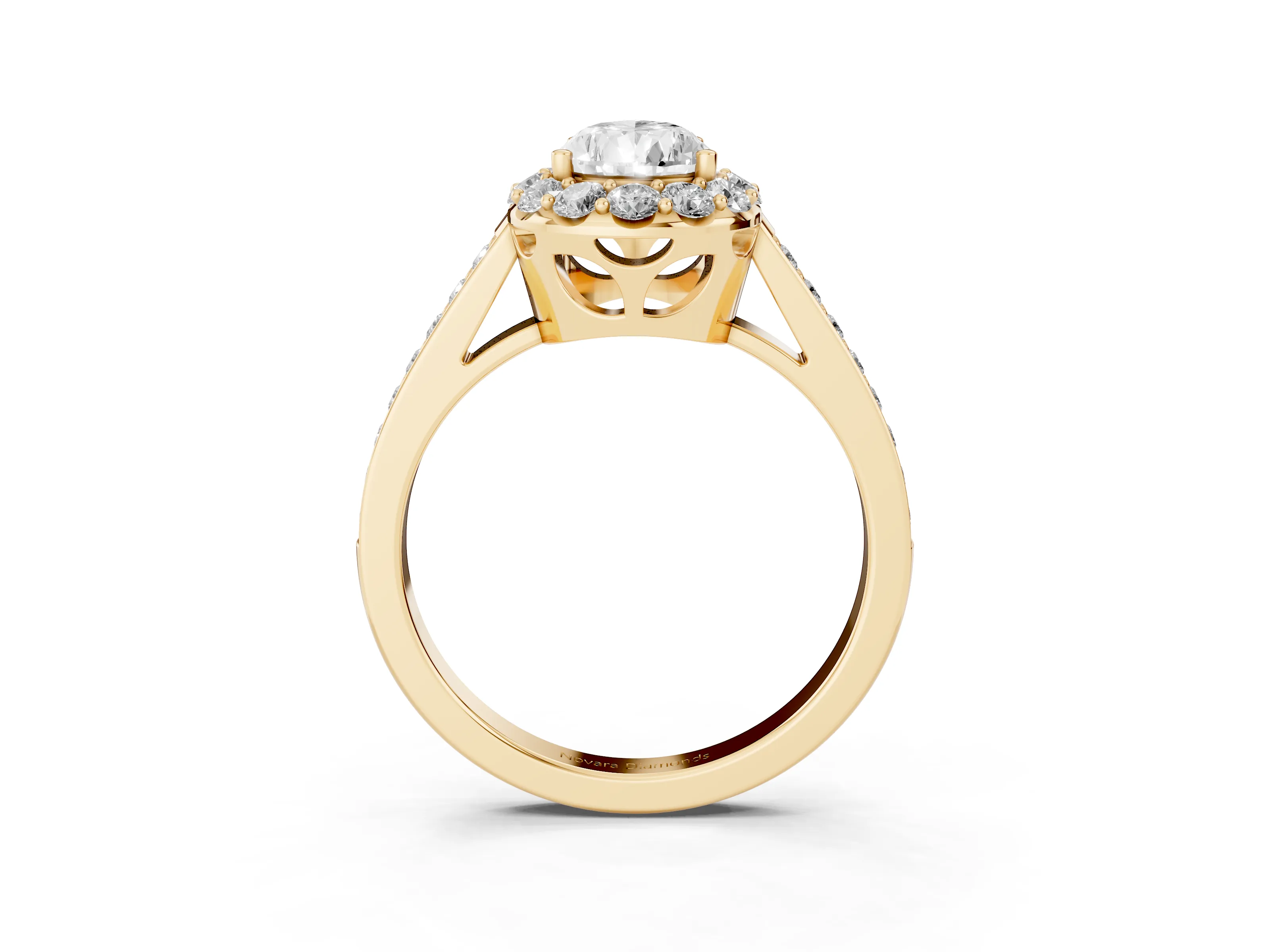 Pear Cut Diamond Floral Halo Ring Set in Yellow gold with Pavé Band and Prong Setting
