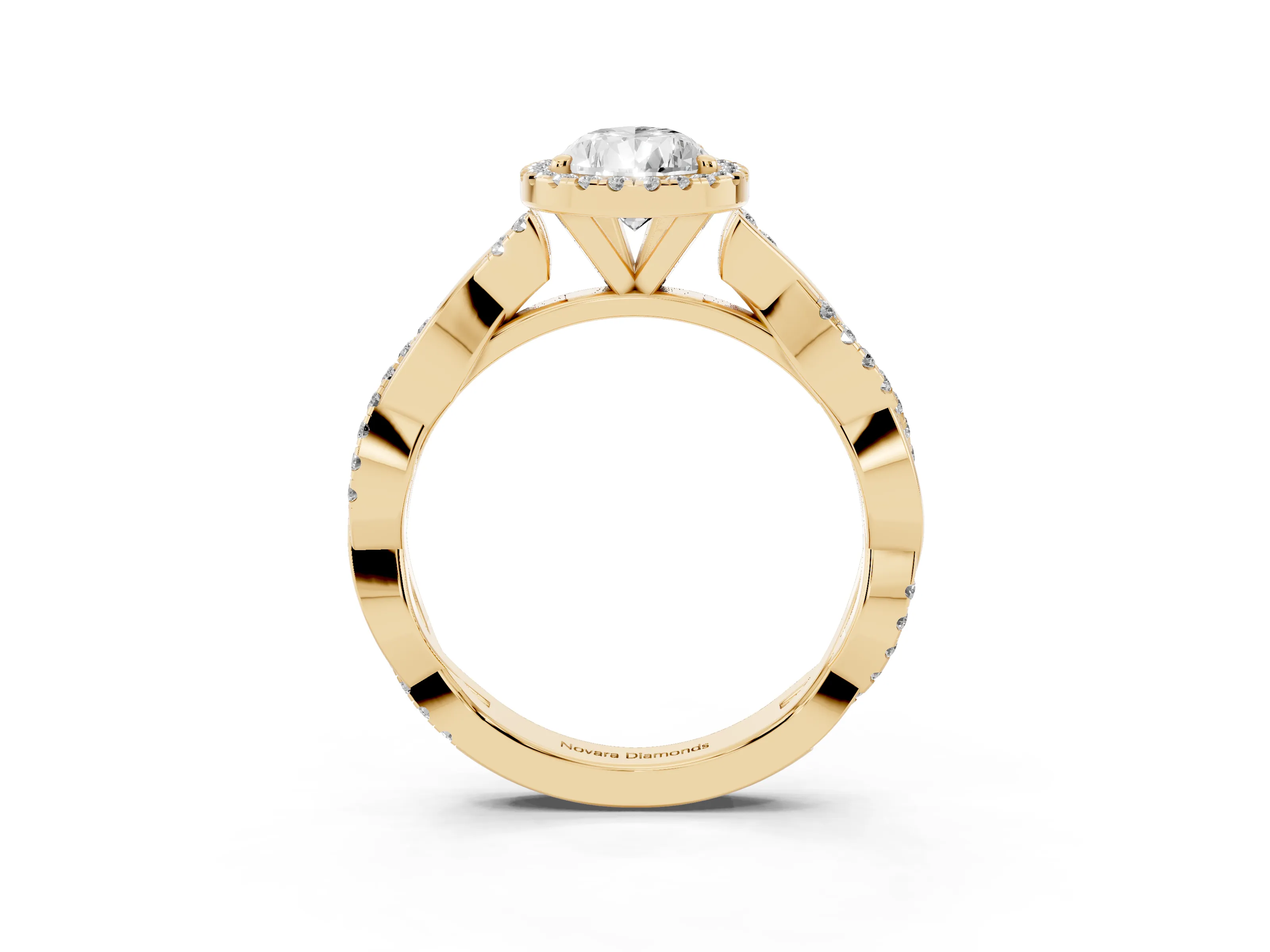 Pear Cut Diamond Halo Twisted Band Ring Set in Yellow gold with Prong Setting