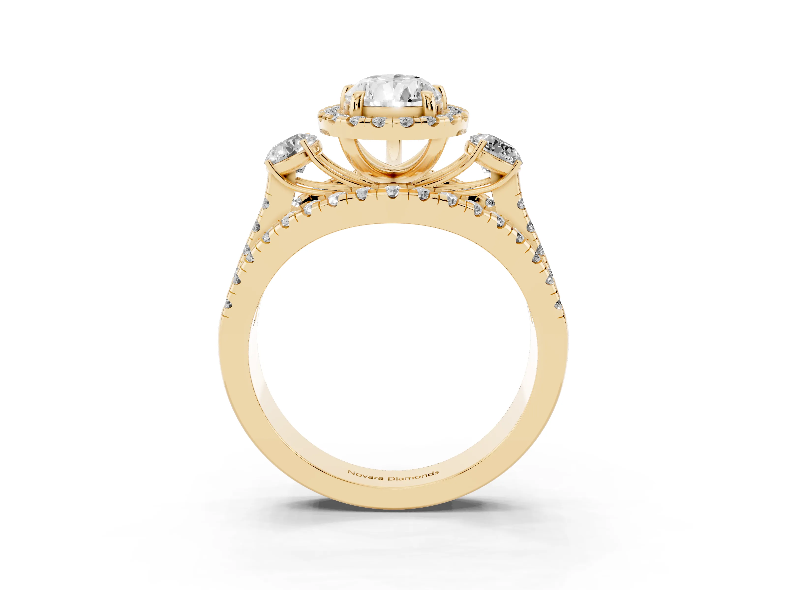 Pear Cut Diamond Halo Split Shank Ring Set in Yellow gold with Round Accent Stones and Prong Setting