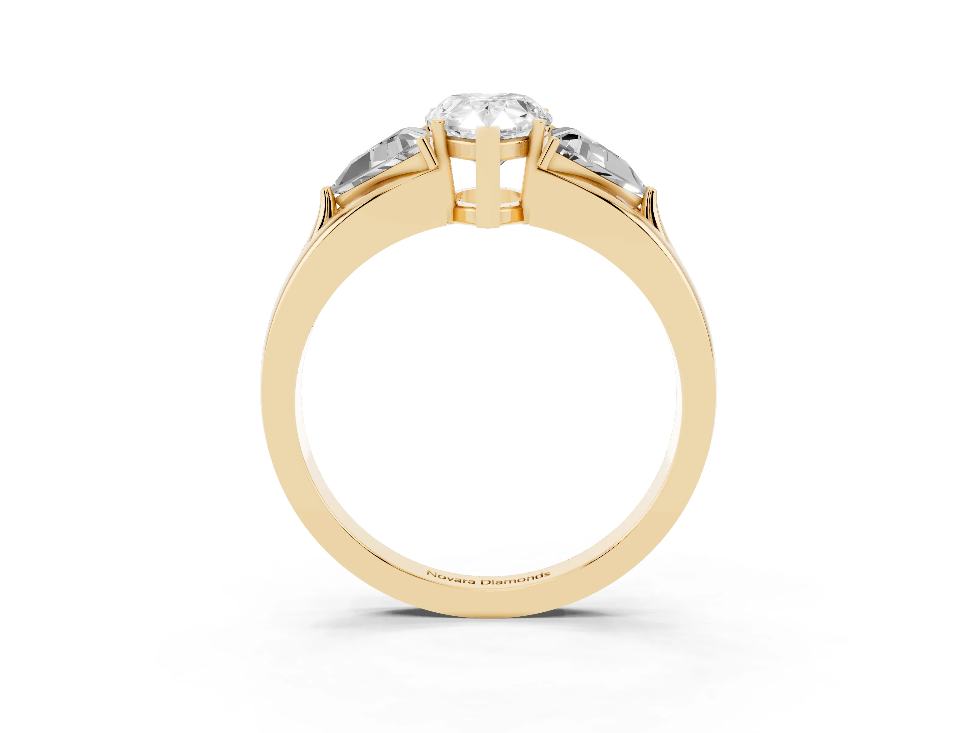 Pear Cut Diamond Three-Stone Ring Set in Yellow gold with Trillion Side Stones and Split Shank