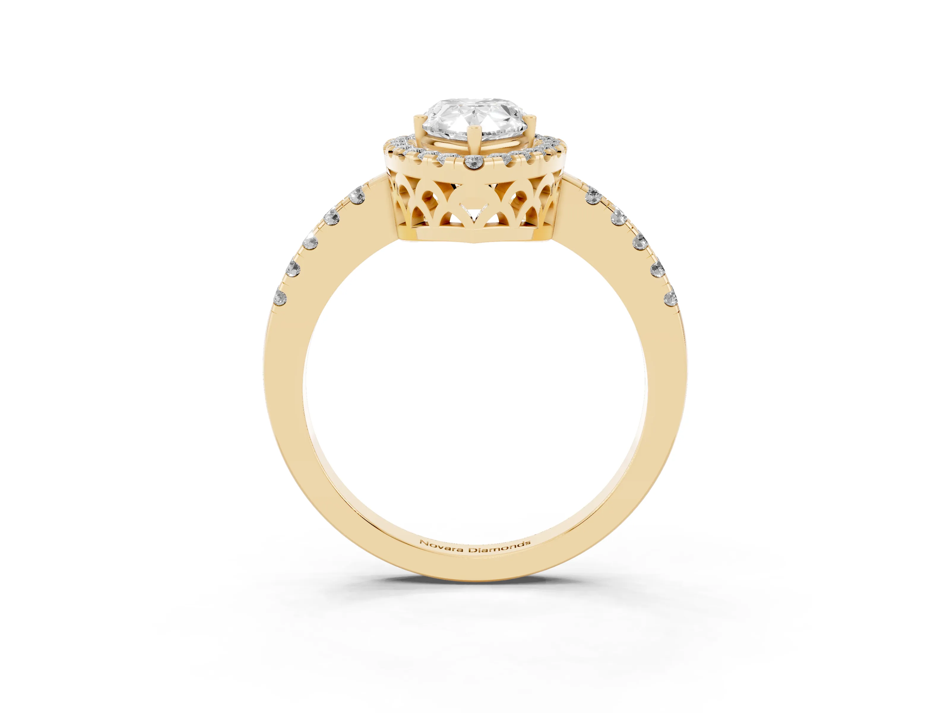 Pear Cut Diamond Pavé Band Halo Engagement Ring Set in Yellow gold with Prong Setting