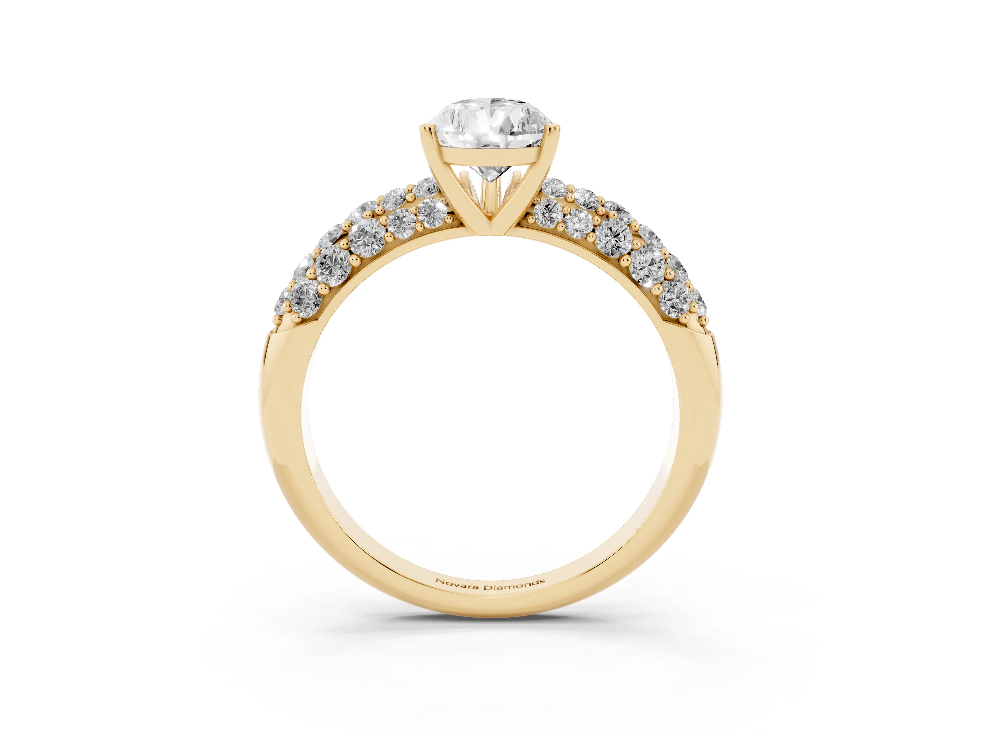 Pear Cut Diamond Pavé Band Solitaire Ring Set in Yellow gold with Close-Set Accent Stones and Prong Setting