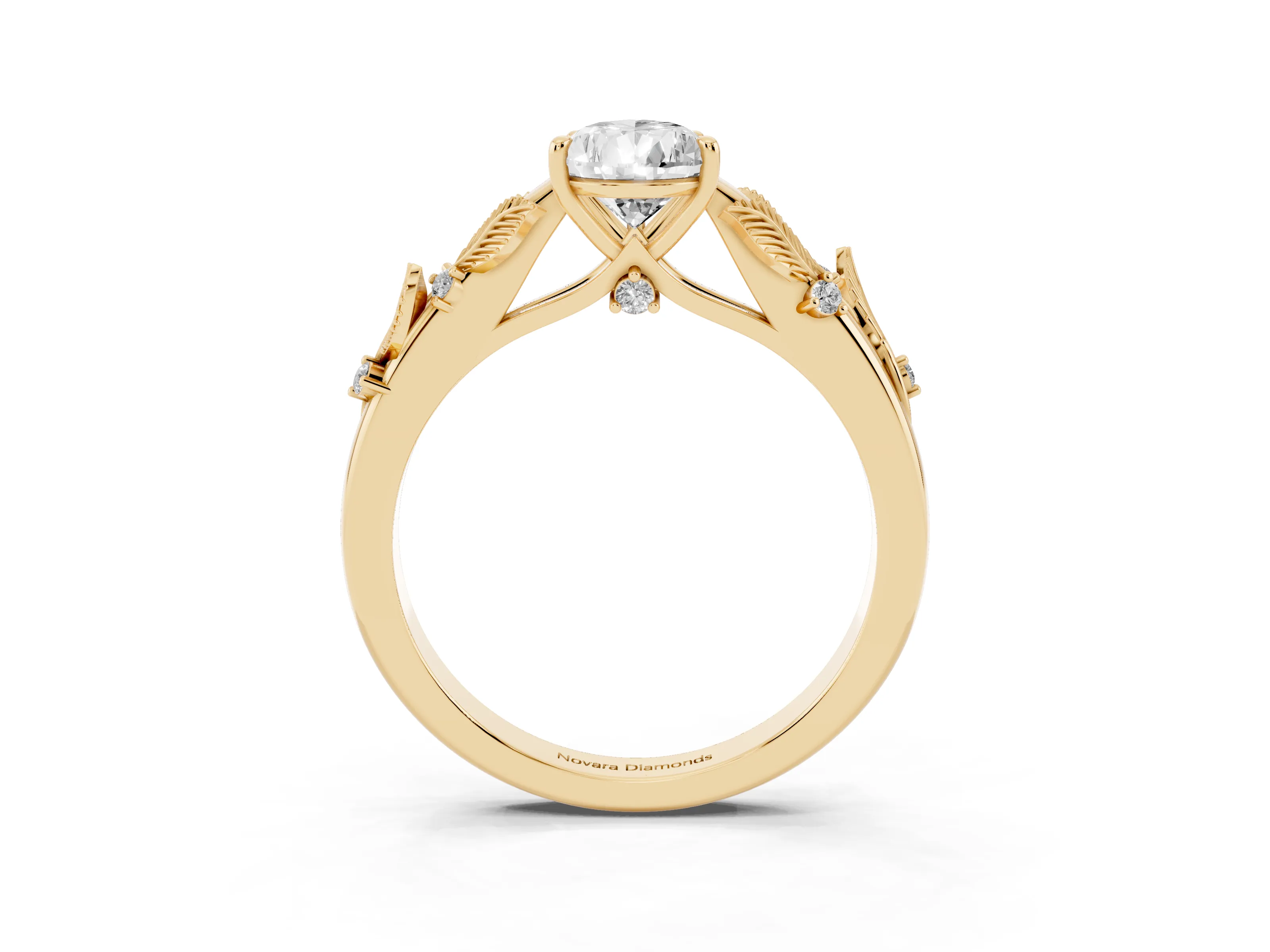 Pear Cut Diamond Solitaire Ring Set in Yellow gold with Leaf Motif Band