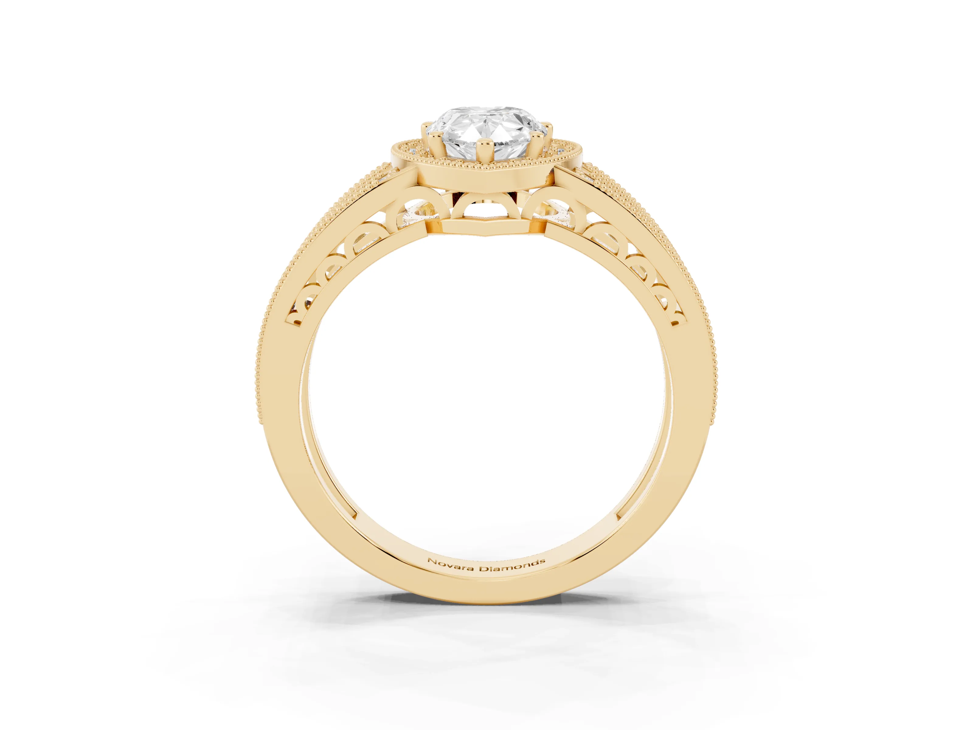 Pear Cut Diamond Halo Ring Set in Yellow gold with Accent Split Shank and Prong Setting