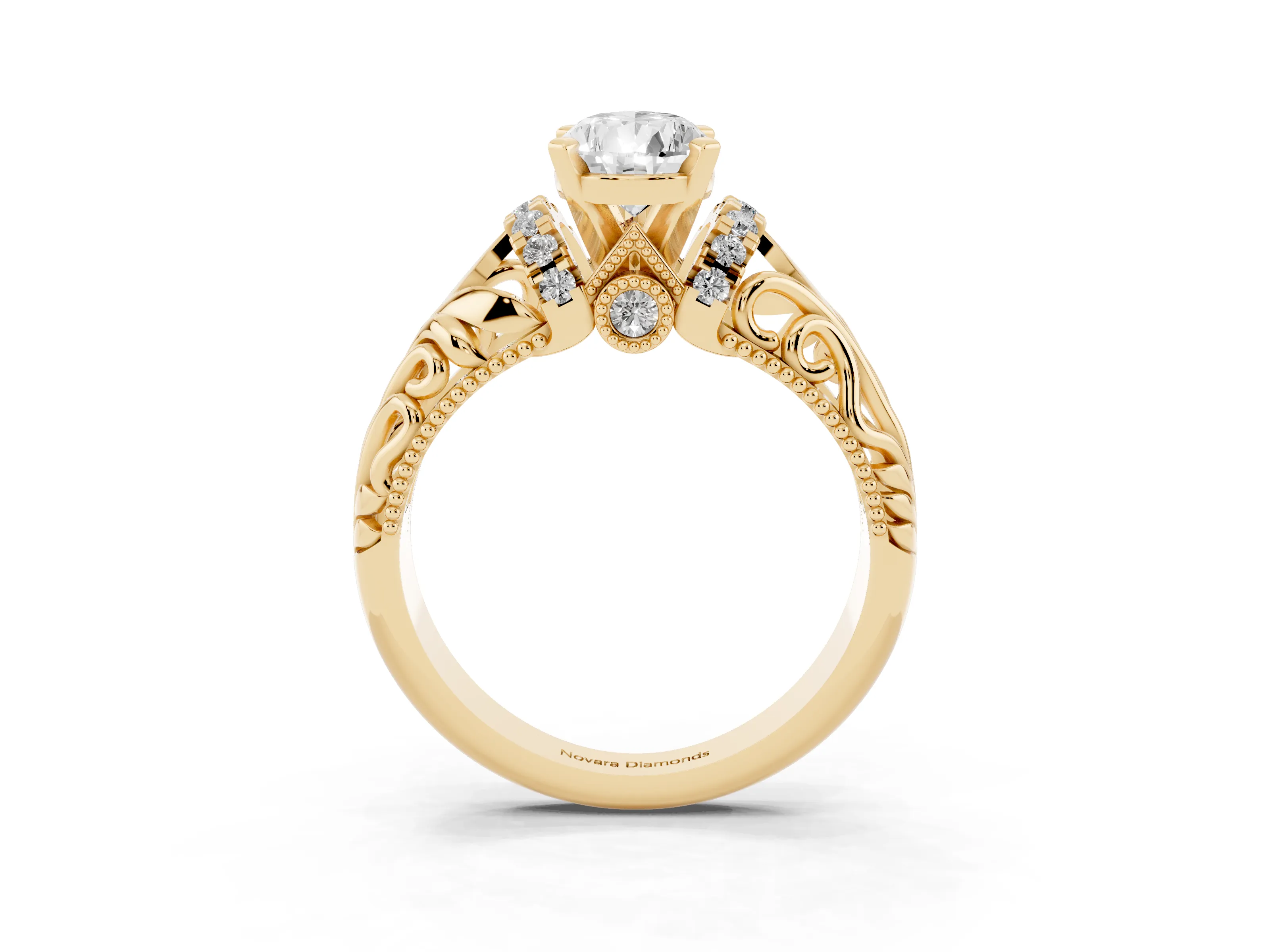 Pear Cut Diamond Filigree Halo Engagement Ring Set in Yellow gold with Prong Setting
