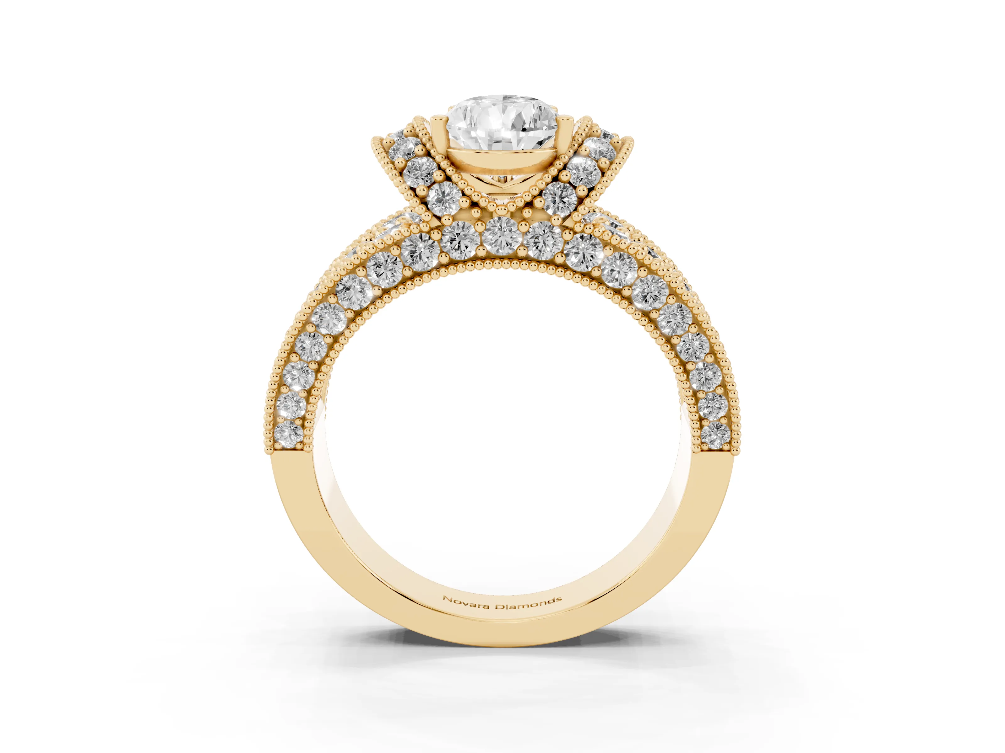 Pear Cut Diamond Milgrain Halo Pavé Engagement Ring Set in Yellow gold with Prong Setting