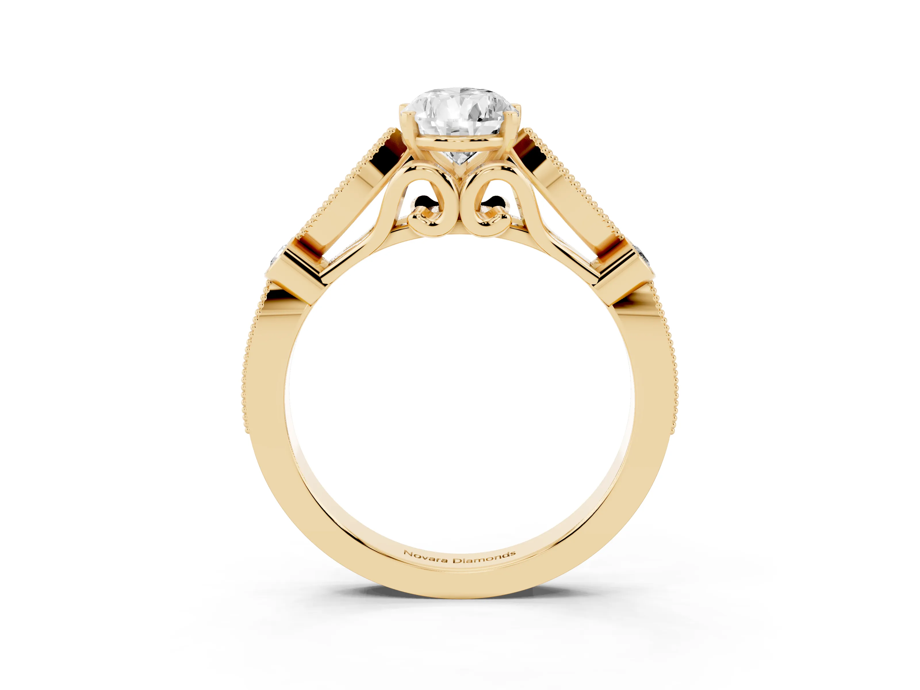 Pear Cut Diamond Solitaire Ring Set in Yellow gold with Milgrain Marquise and Bezel Accents