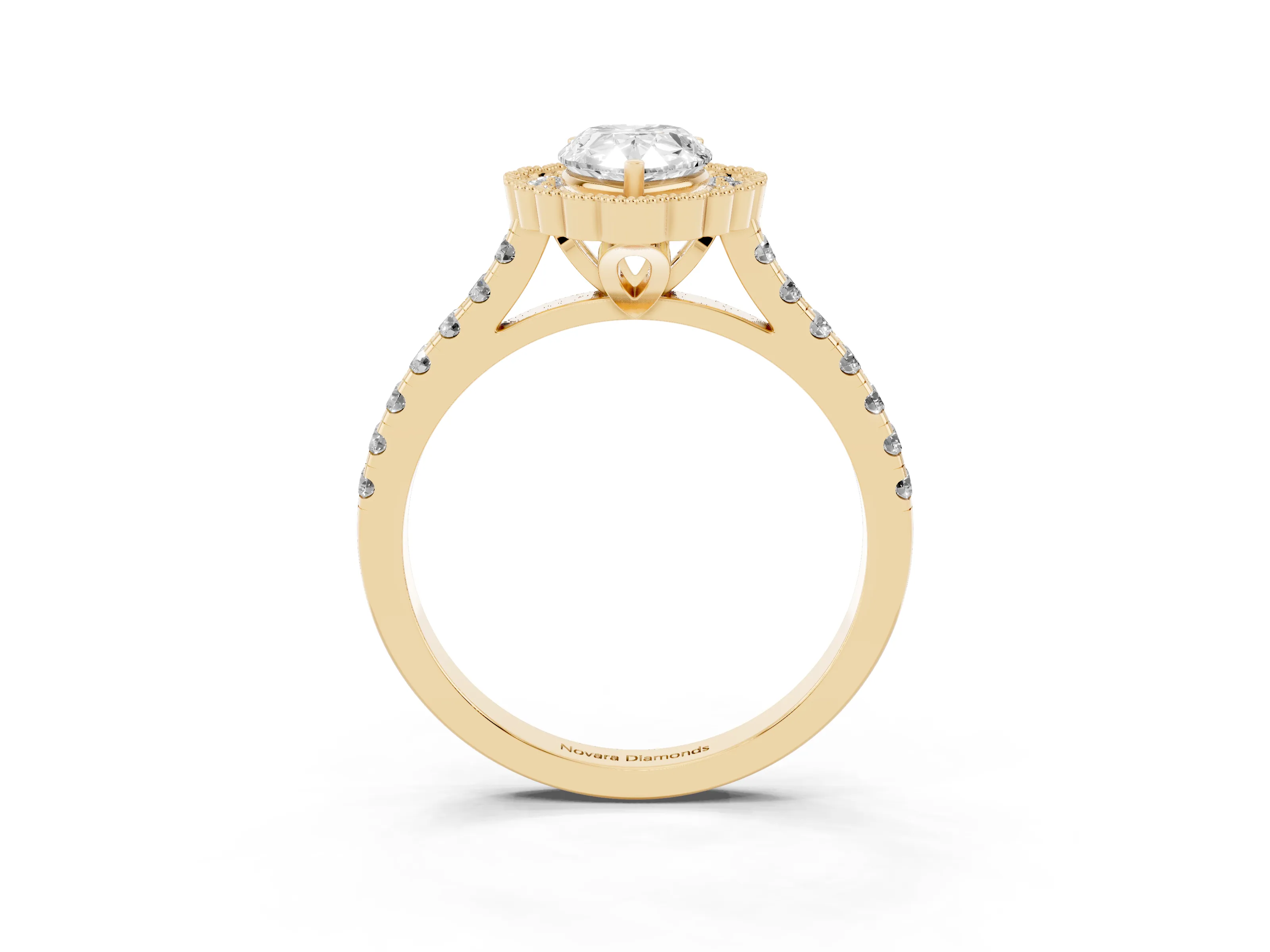 Pear Cut Diamond Milgrain Floral Halo Engagement Ring Set in Yellow gold with Pavé Band