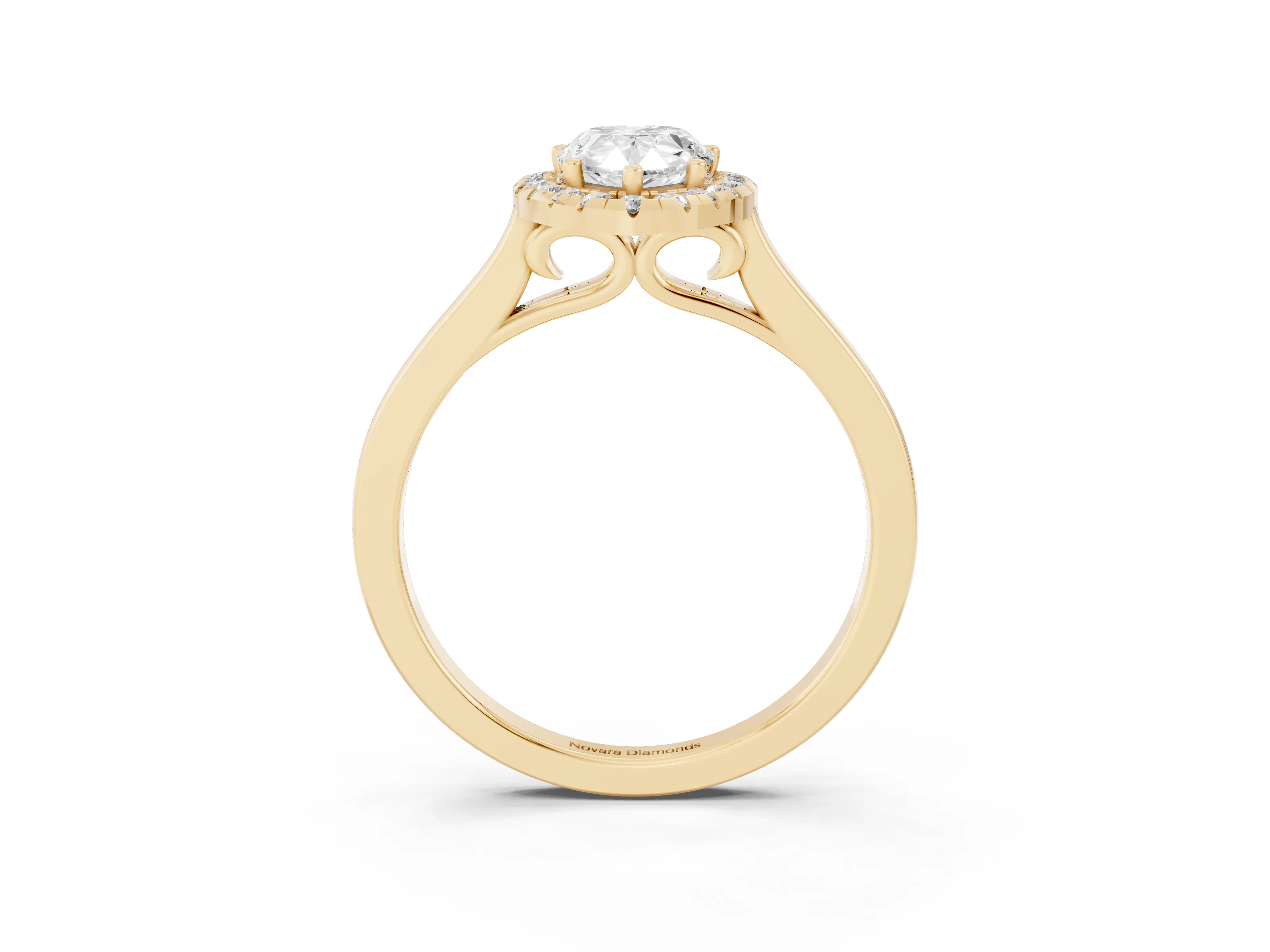 Pear Cut Halo Round Diamond Solitaire Ring Set in Yellow gold with Pavé Band and Prong Setting