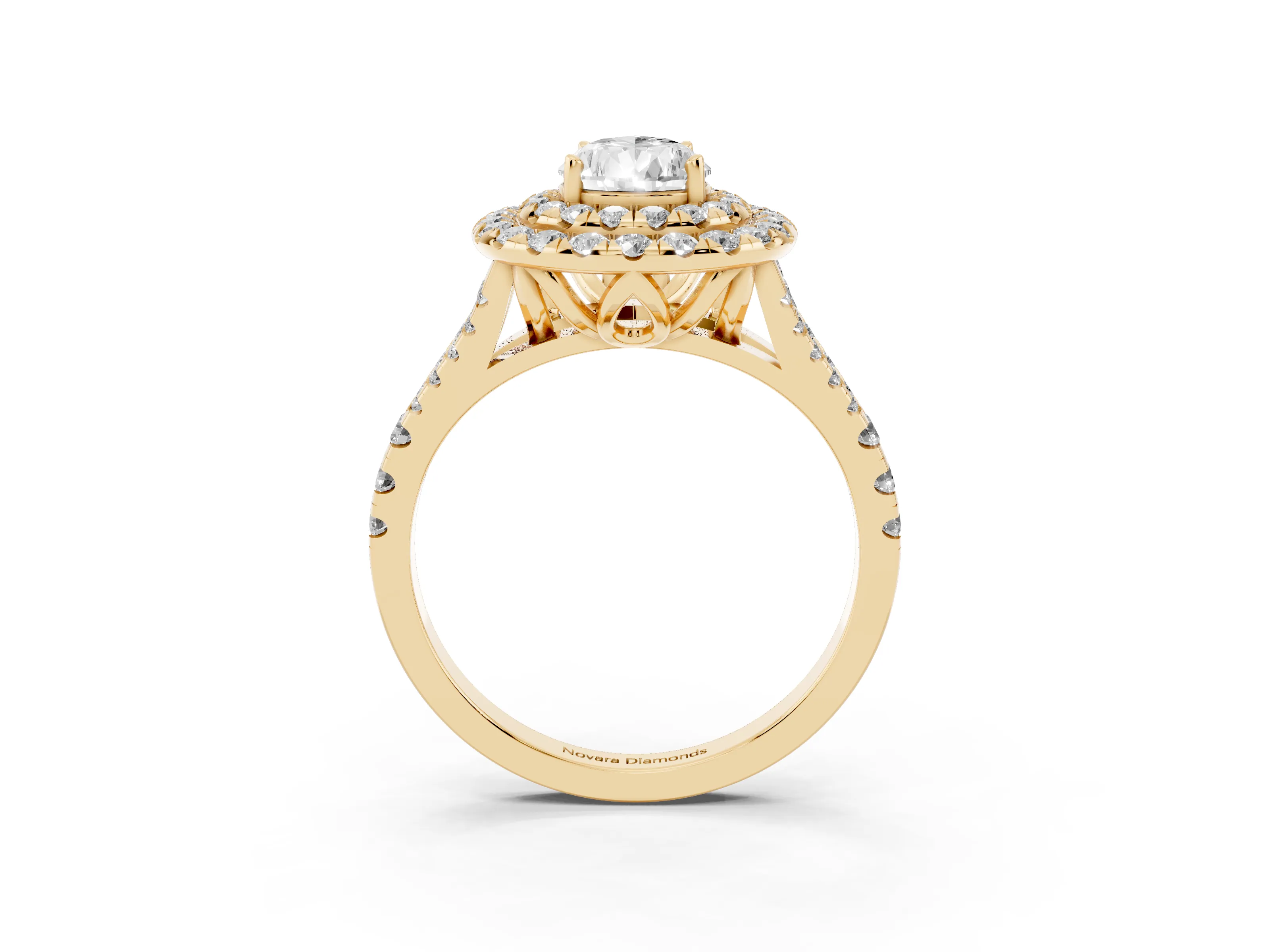 Pear Cut Diamond Double Halo Ring Set in Yellow gold with Pavé Split Shank and Prong Setting
