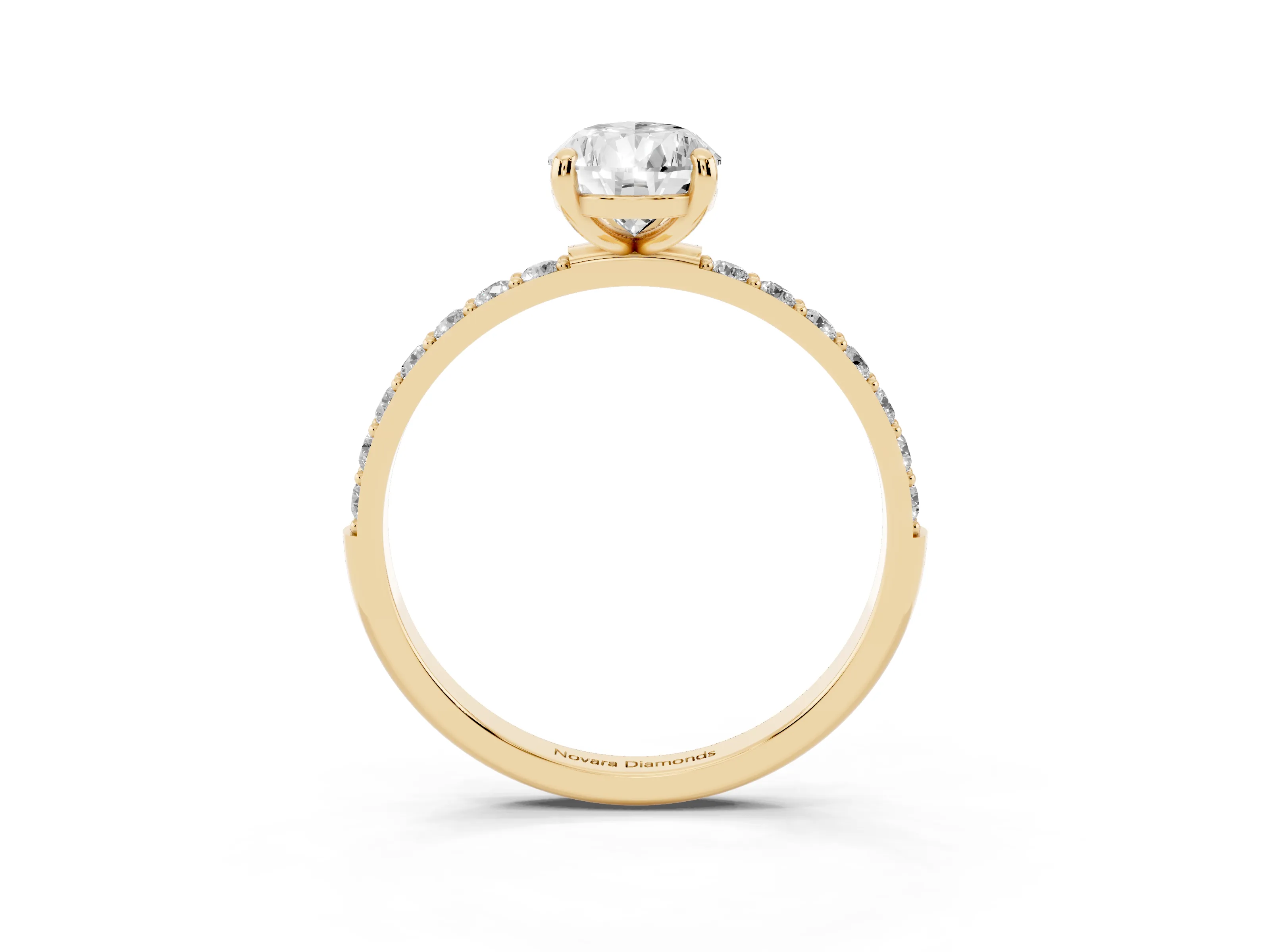 Pear Cut Diamond Solitaire Ring Set in Yellow gold with Round Pavé Band and Prong Setting