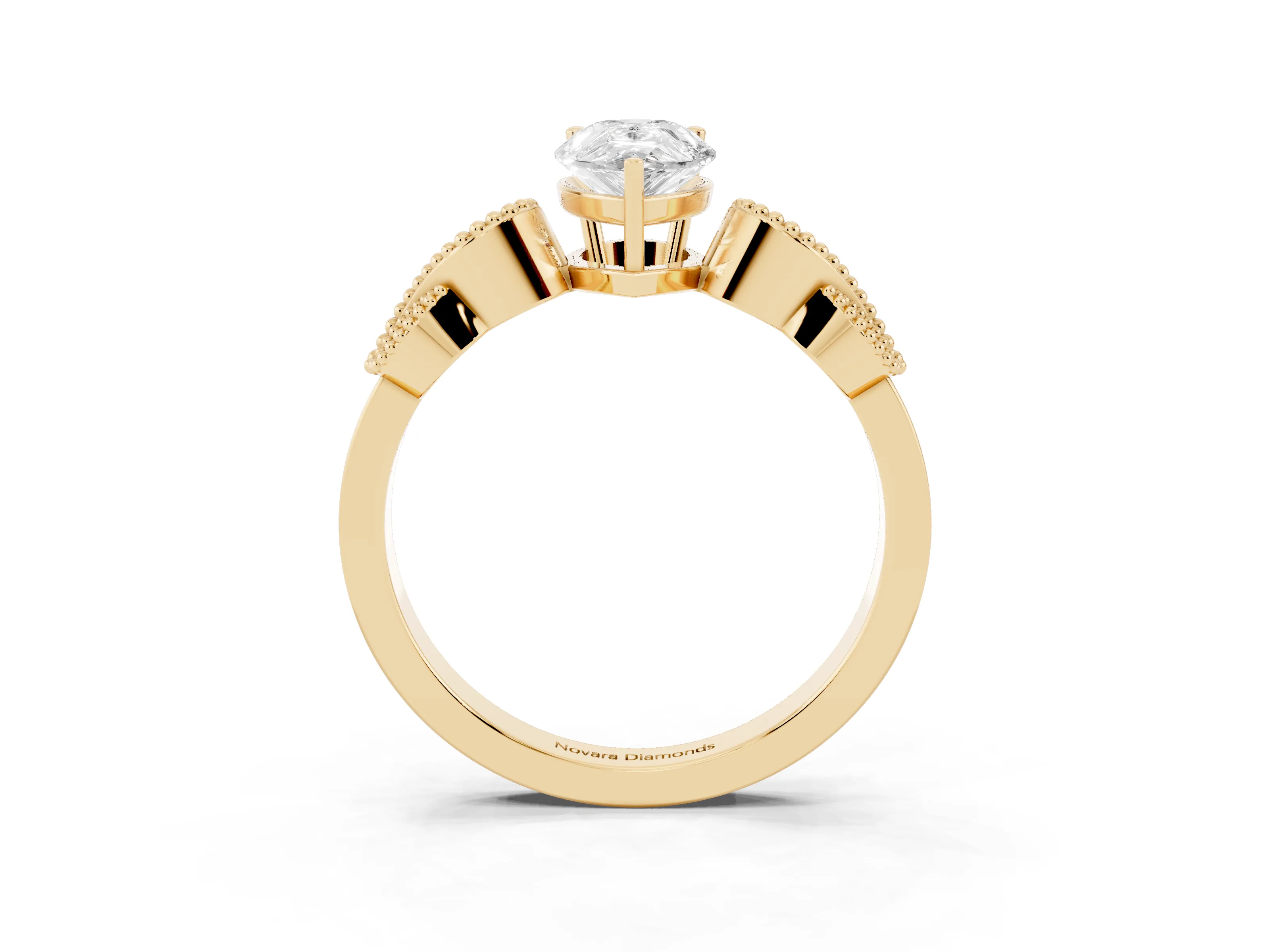 Pear Cut Diamond Milgrain Leaf Band Solitaire Ring Set in Yellow gold with Accent Stones and Prong Setting