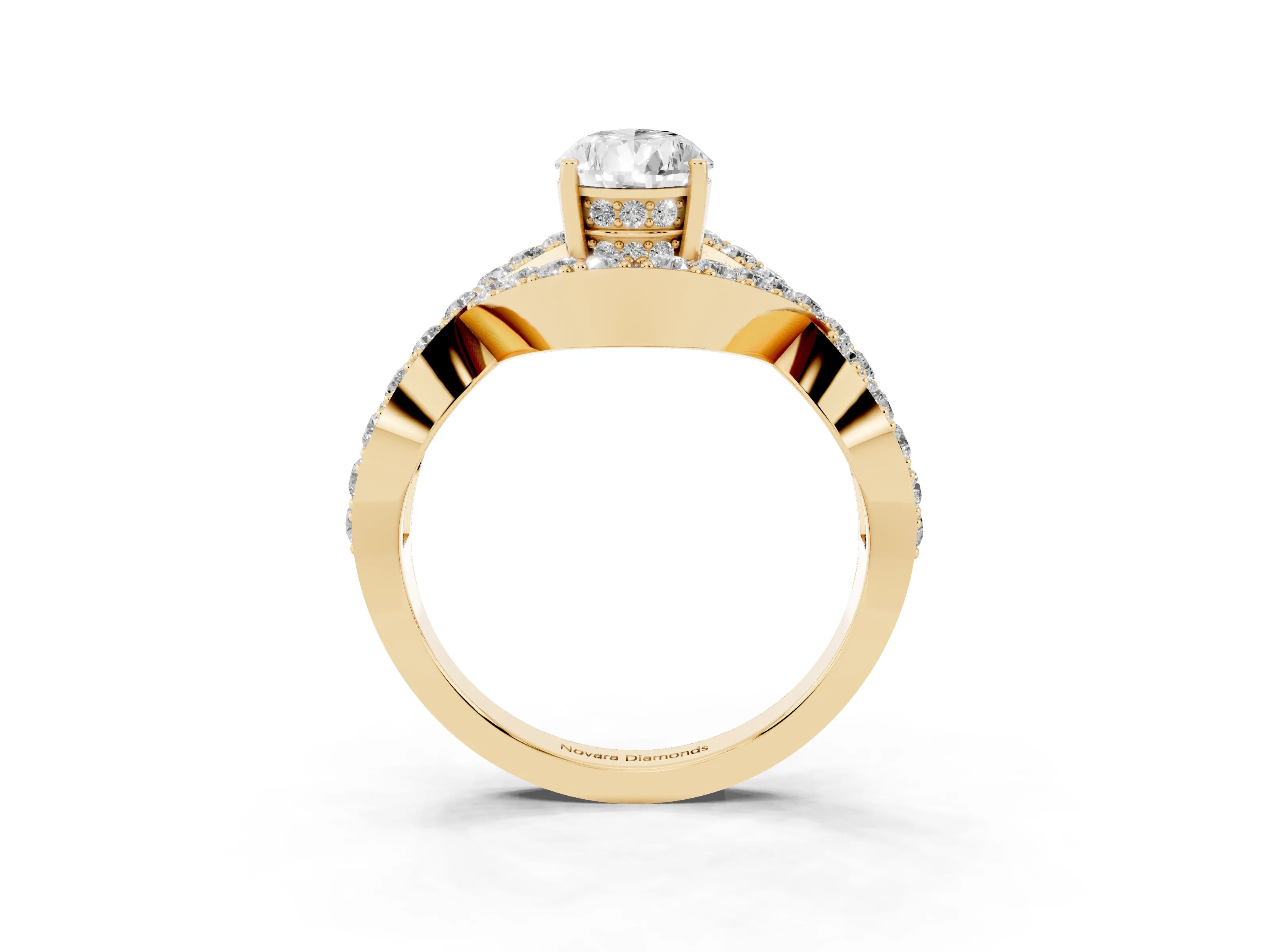 Pear Cut Diamond Solitaire Twist Band Pavé Engagement Ring Set in Yellow gold