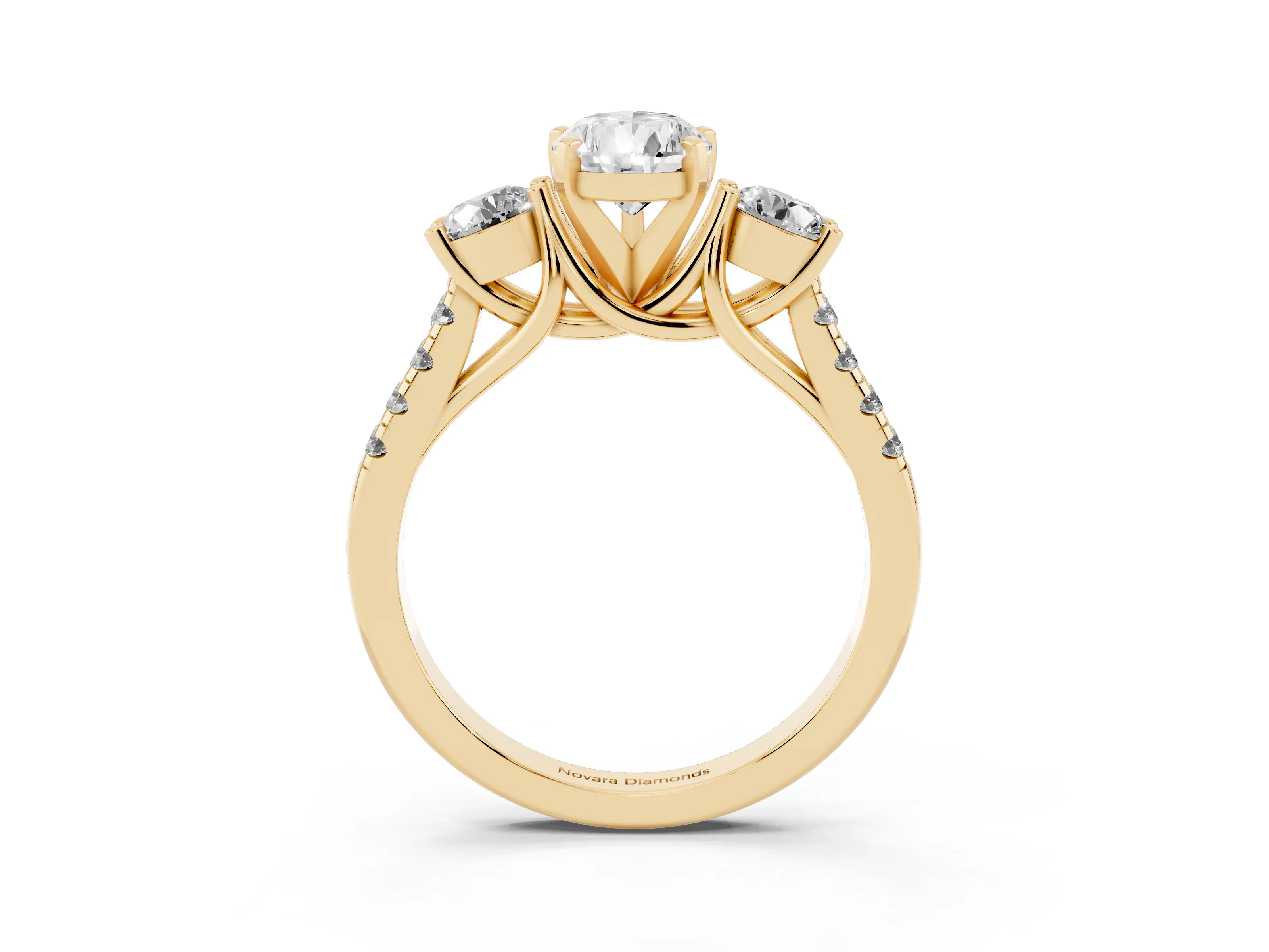 Three-Stone Pear Cut Diamond Pavé Band Ring Set in Yellow gold with Prong-Set Trio