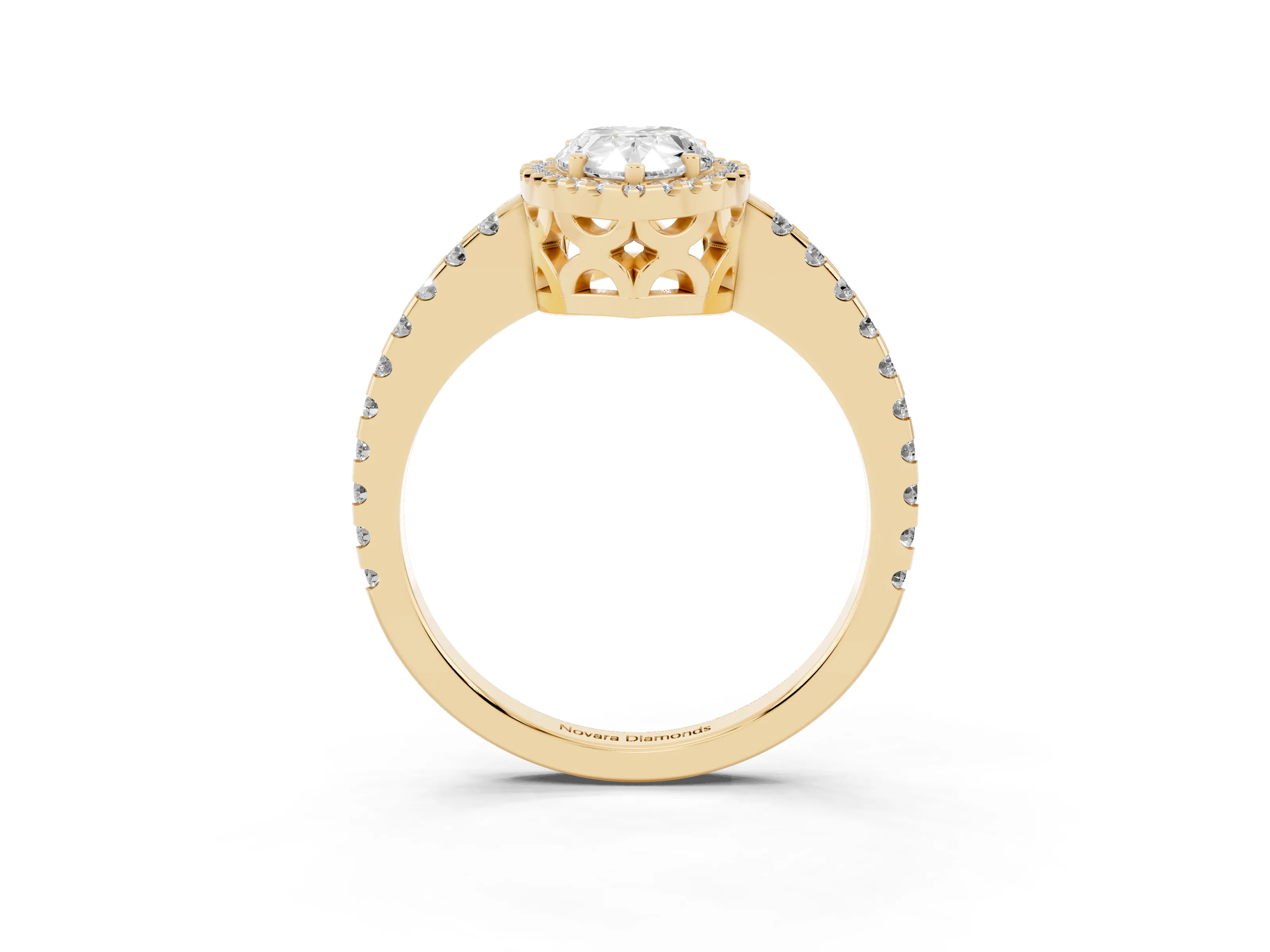 Pear Cut Diamond Halo Ring Set in Yellow gold with Pavé Shoulders and Halo-Framed Center