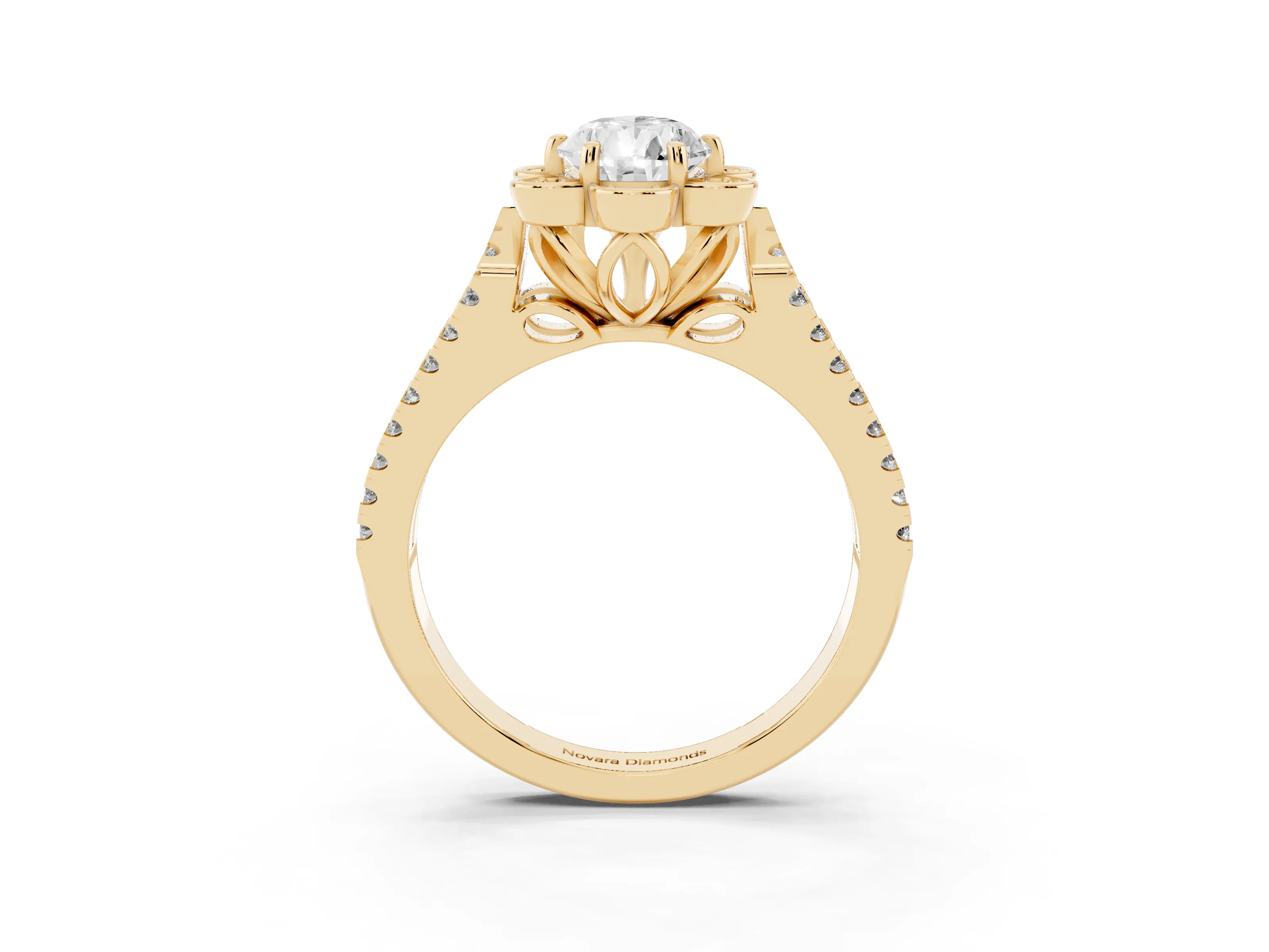 Pear Cut Diamond Floral Halo Split Shank Engagement Ring Set in Yellow gold with Pavé Shank
