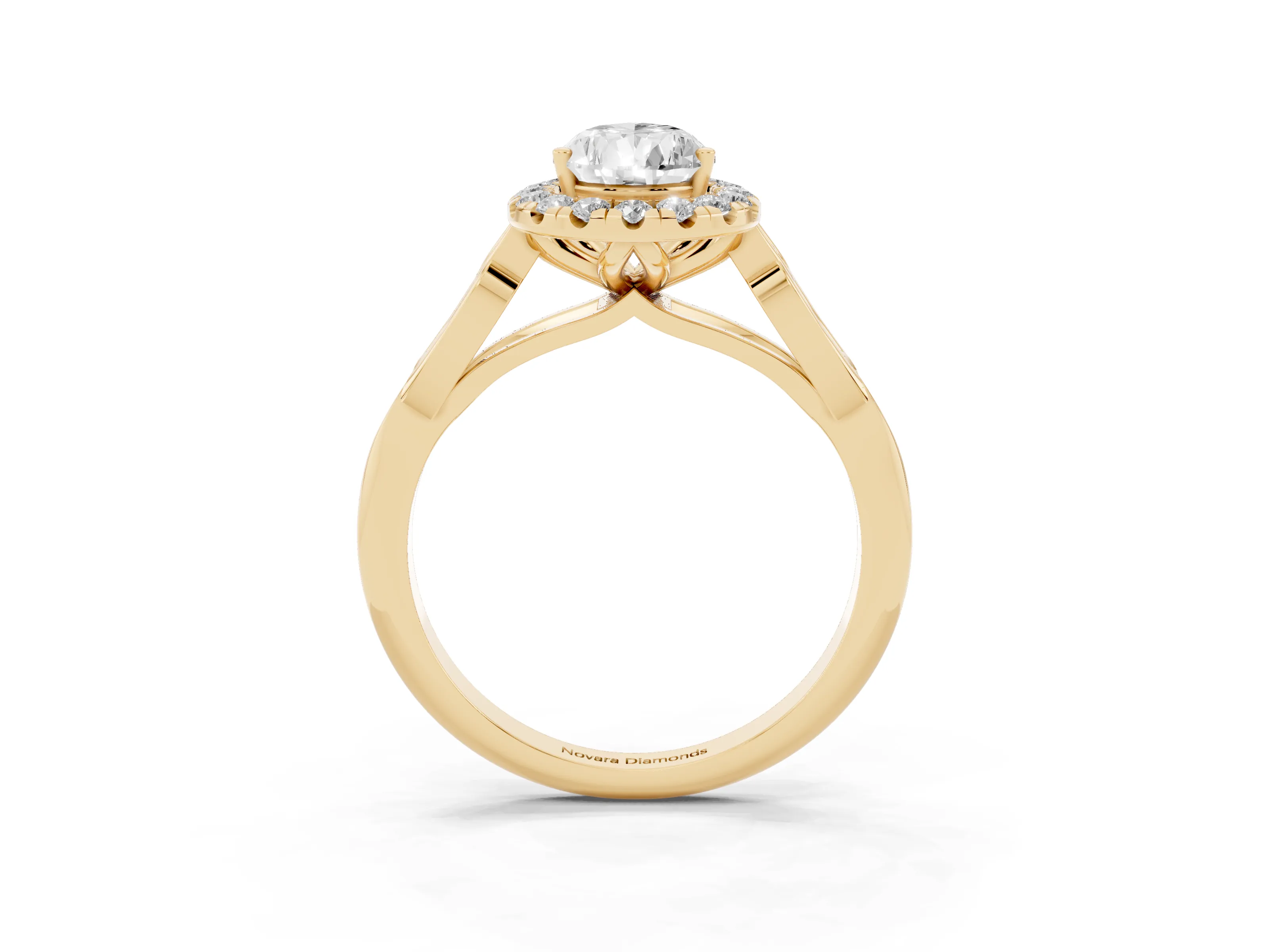 Pear Cut Diamond Halo Engagement Ring Set in Yellow gold with Filigree Band and Prong-Set Center