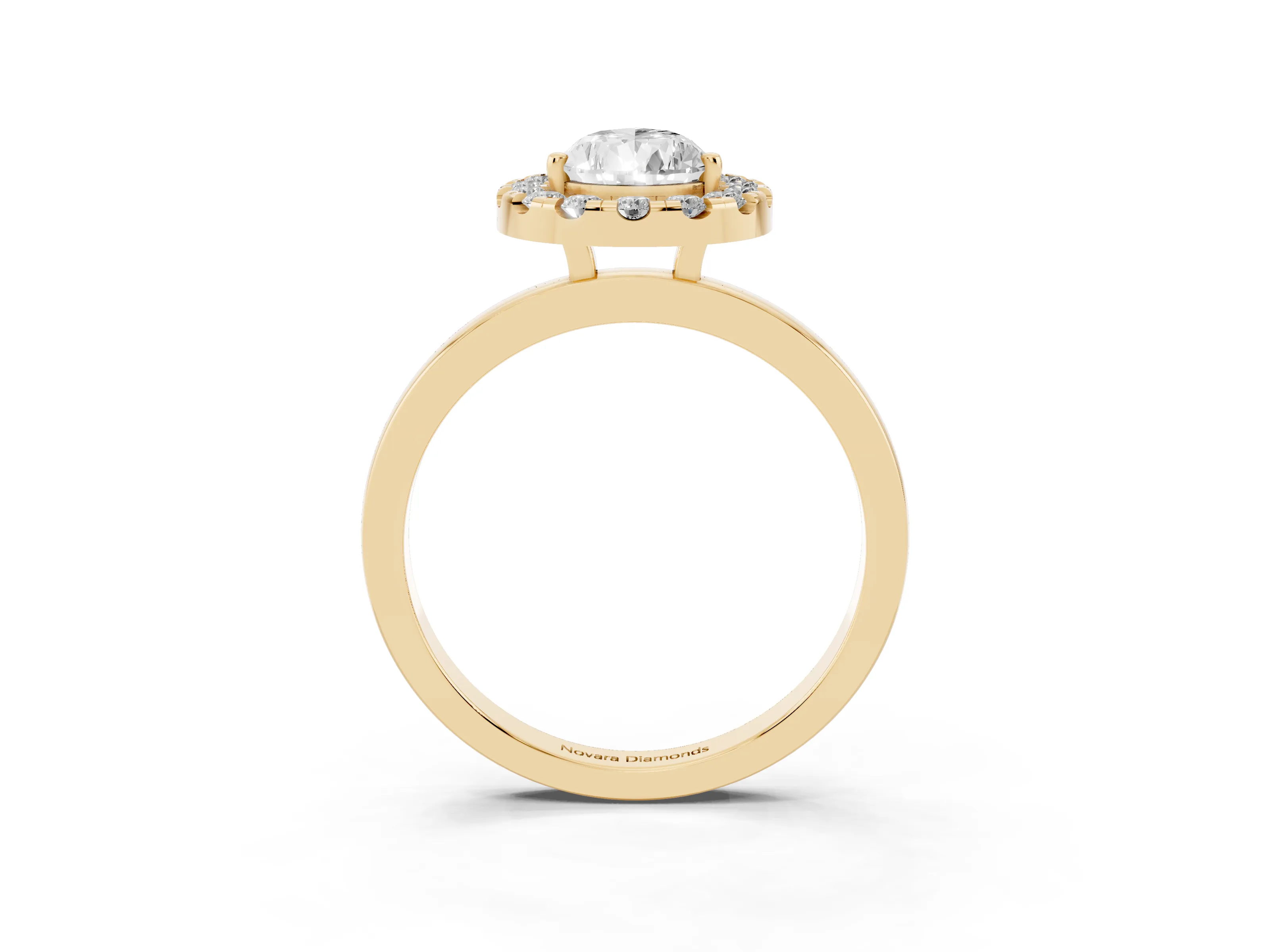 Pear Cut Diamond Halo Solitaire Ring Set in Yellow gold with Pavé Band and Prong Setting