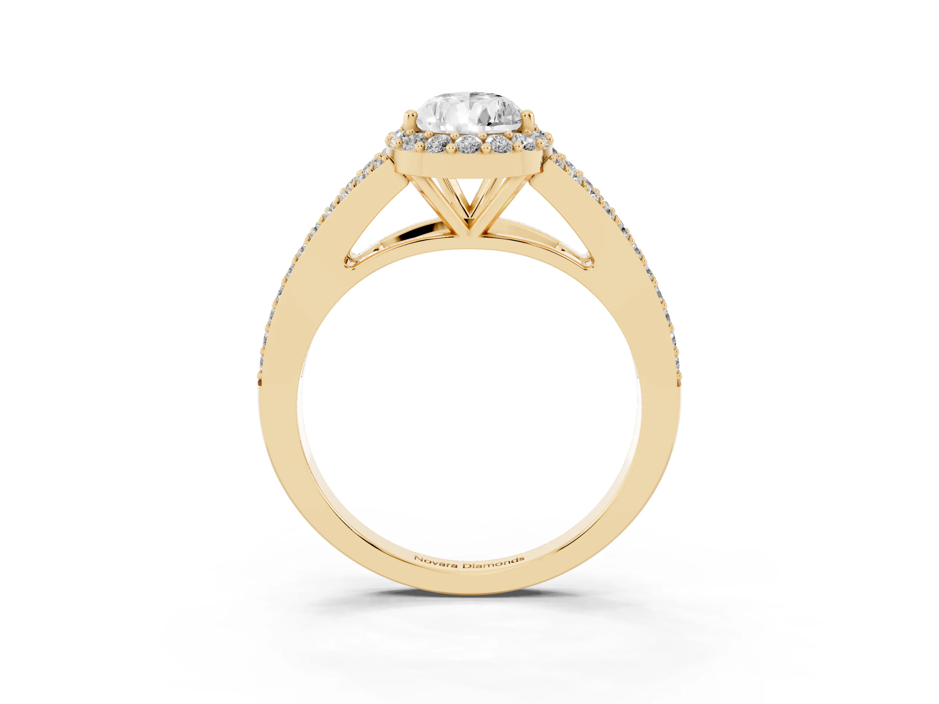Pear Cut Diamond Halo Split Shank Pavé Ring Set in Yellow gold with Prong Setting