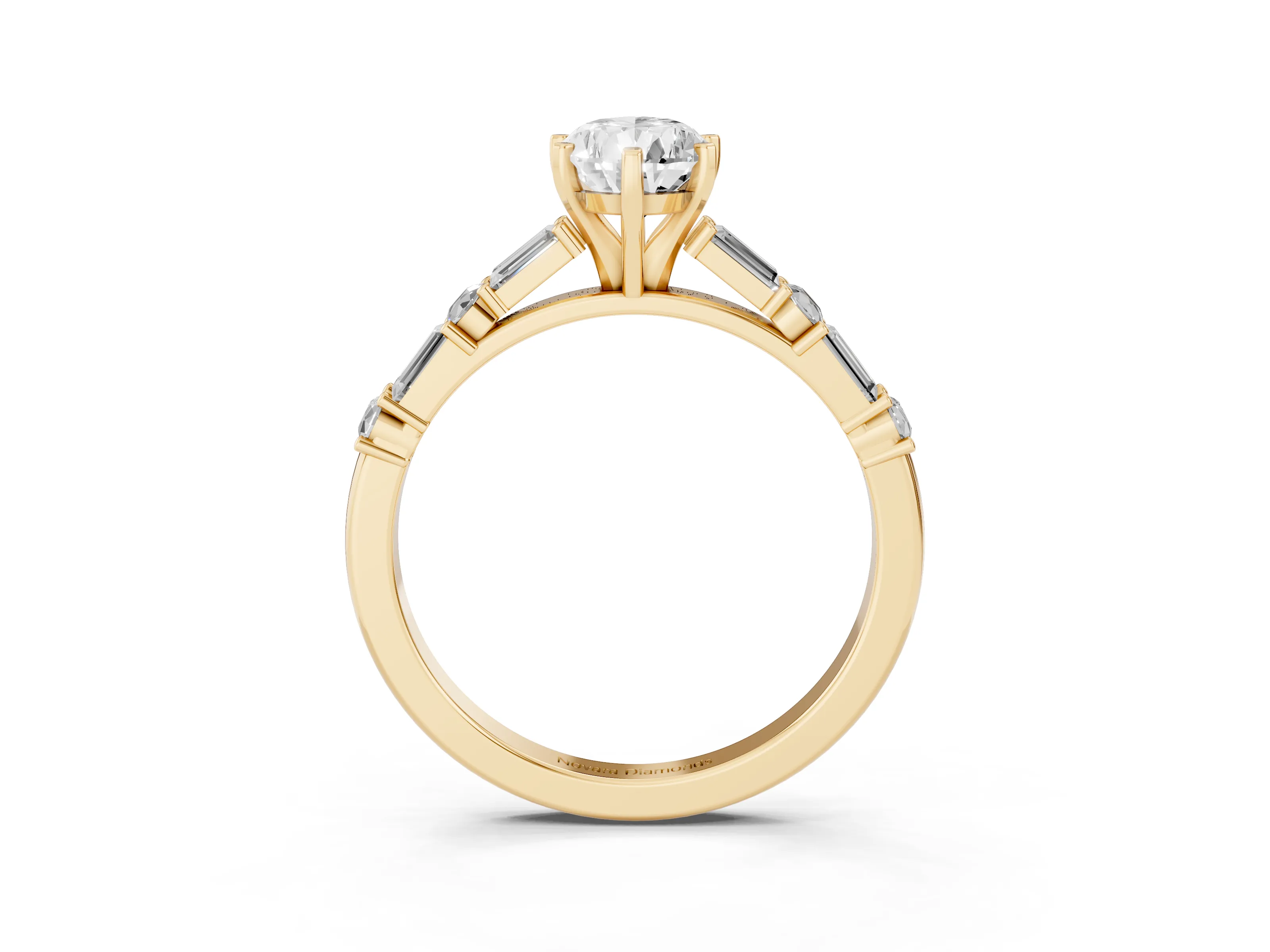 Pear Cut Diamond Solitaire Set in Yellow gold with Side Baguettes and Channel Set Band