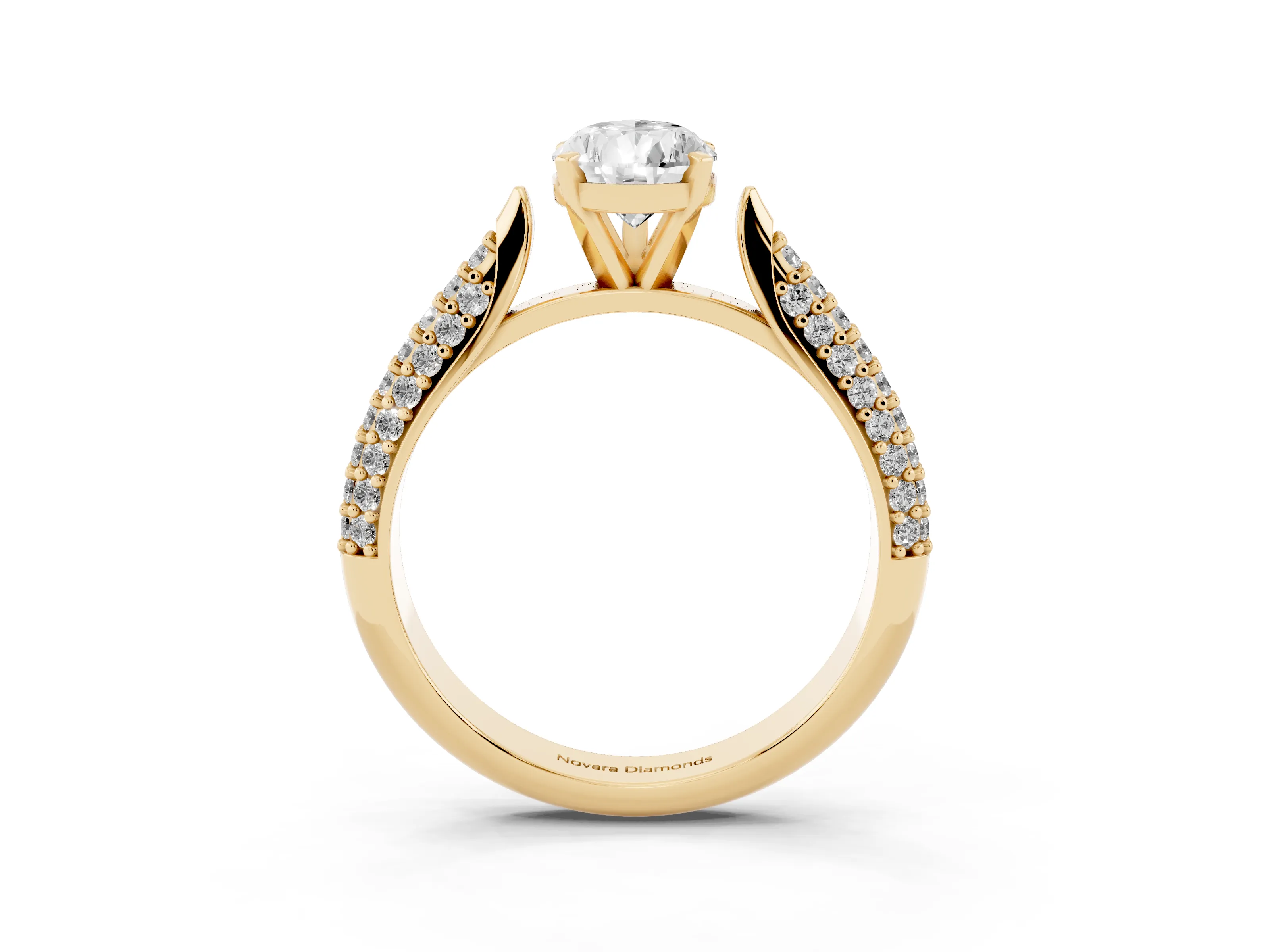 Pear Cut Diamond Solitaire Engagement Ring Set in Yellow gold with Multi-Row Round Pavé Band and Prong Setting