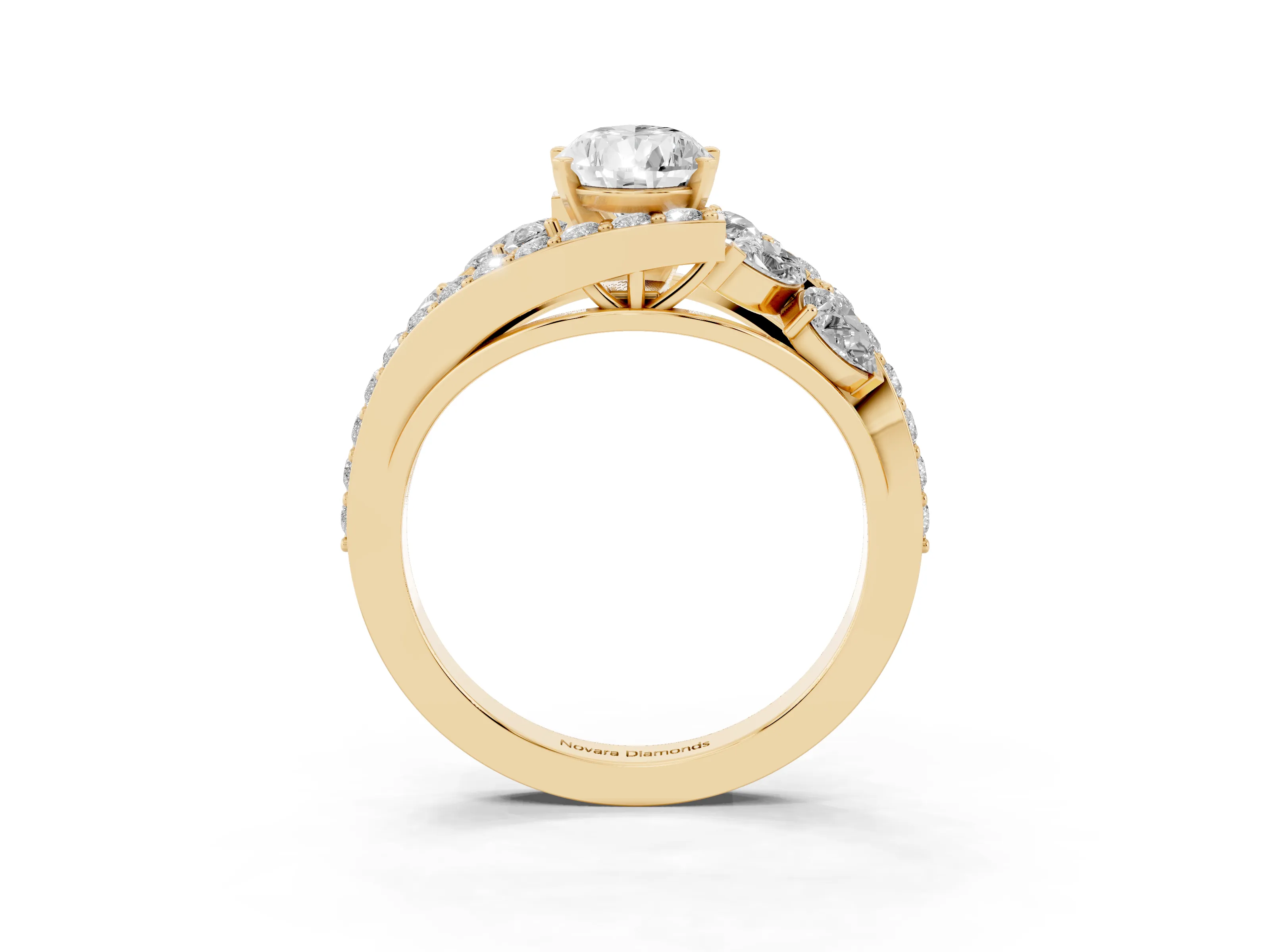 Pear Cut Diamond Halo Ring Set in Yellow gold with Marquise and Pavé Band in Prong Setting