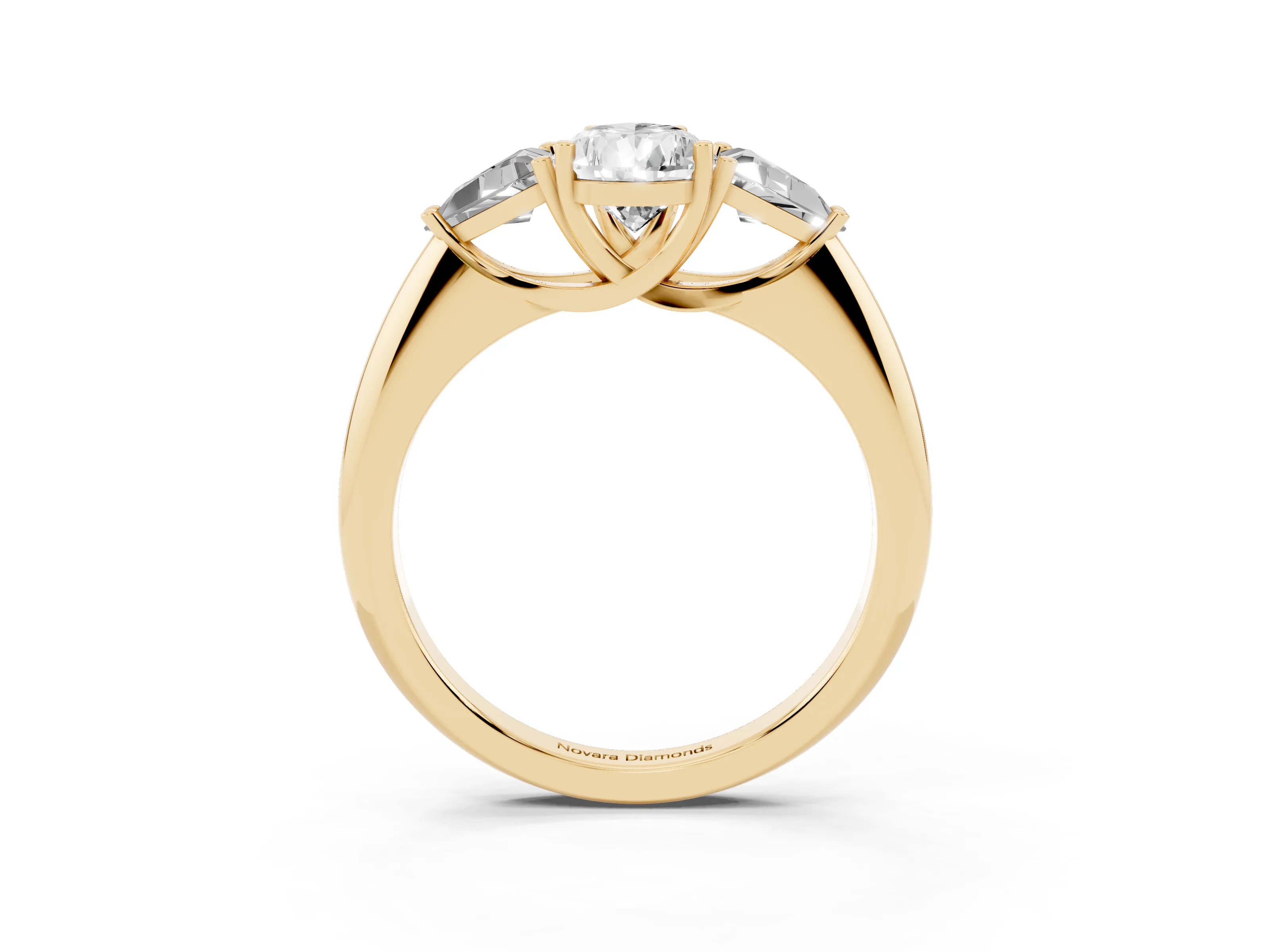 Pear Cut Diamond Three-Stone Engagement Ring Set in Yellow gold with Trillion Side Stones