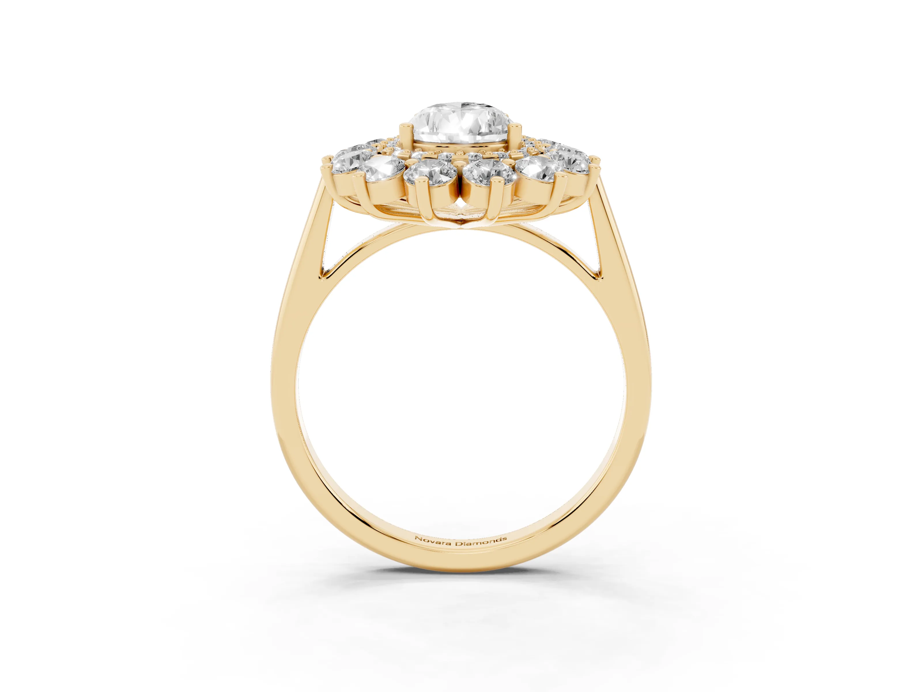 Pear Cut Diamond Floral Double Halo Ring Set in Yellow gold with Round Petals