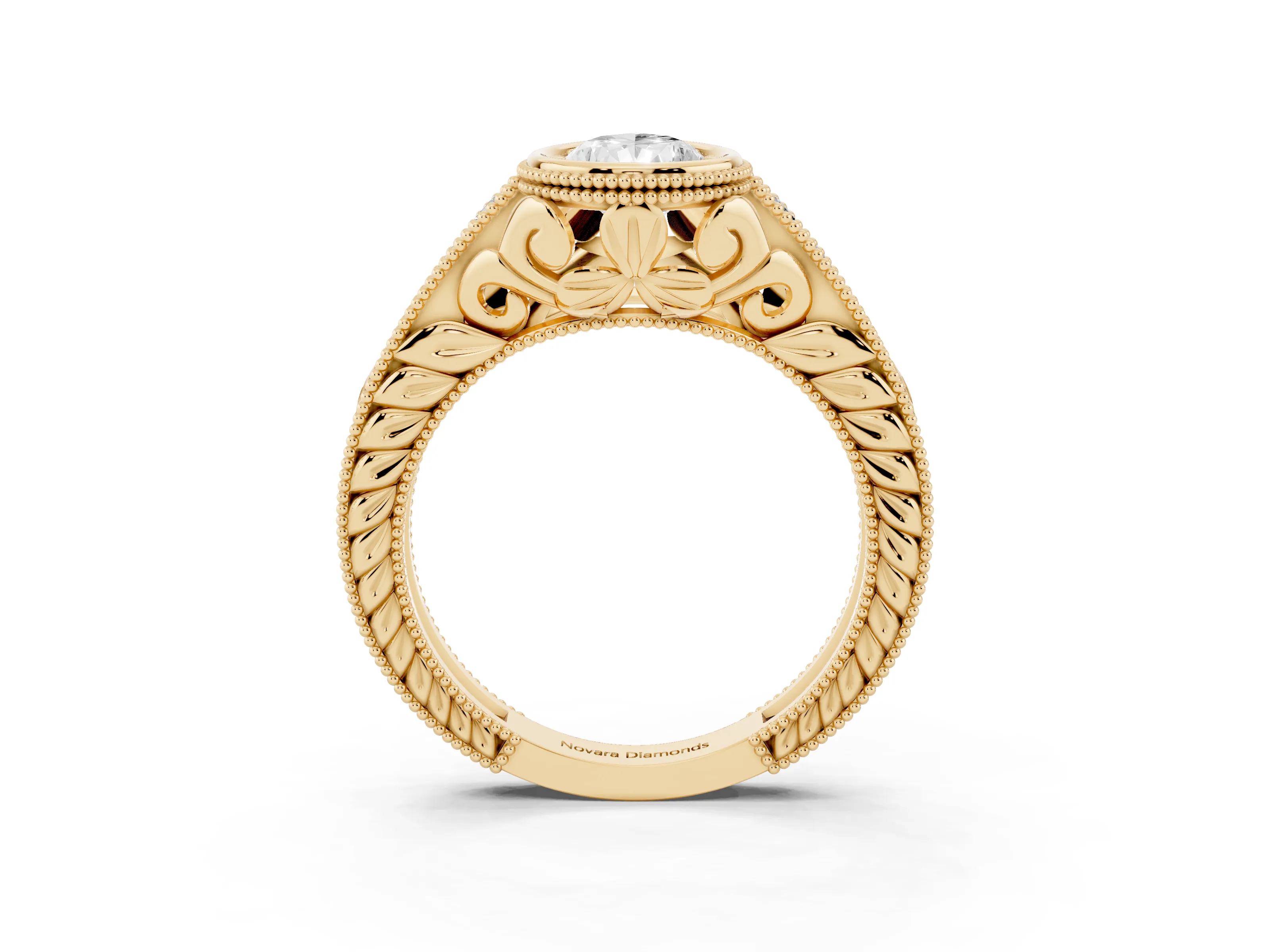 Bezel Set Pear Cut Diamond Milgrain Pavé Engagement Ring Set in Yellow gold