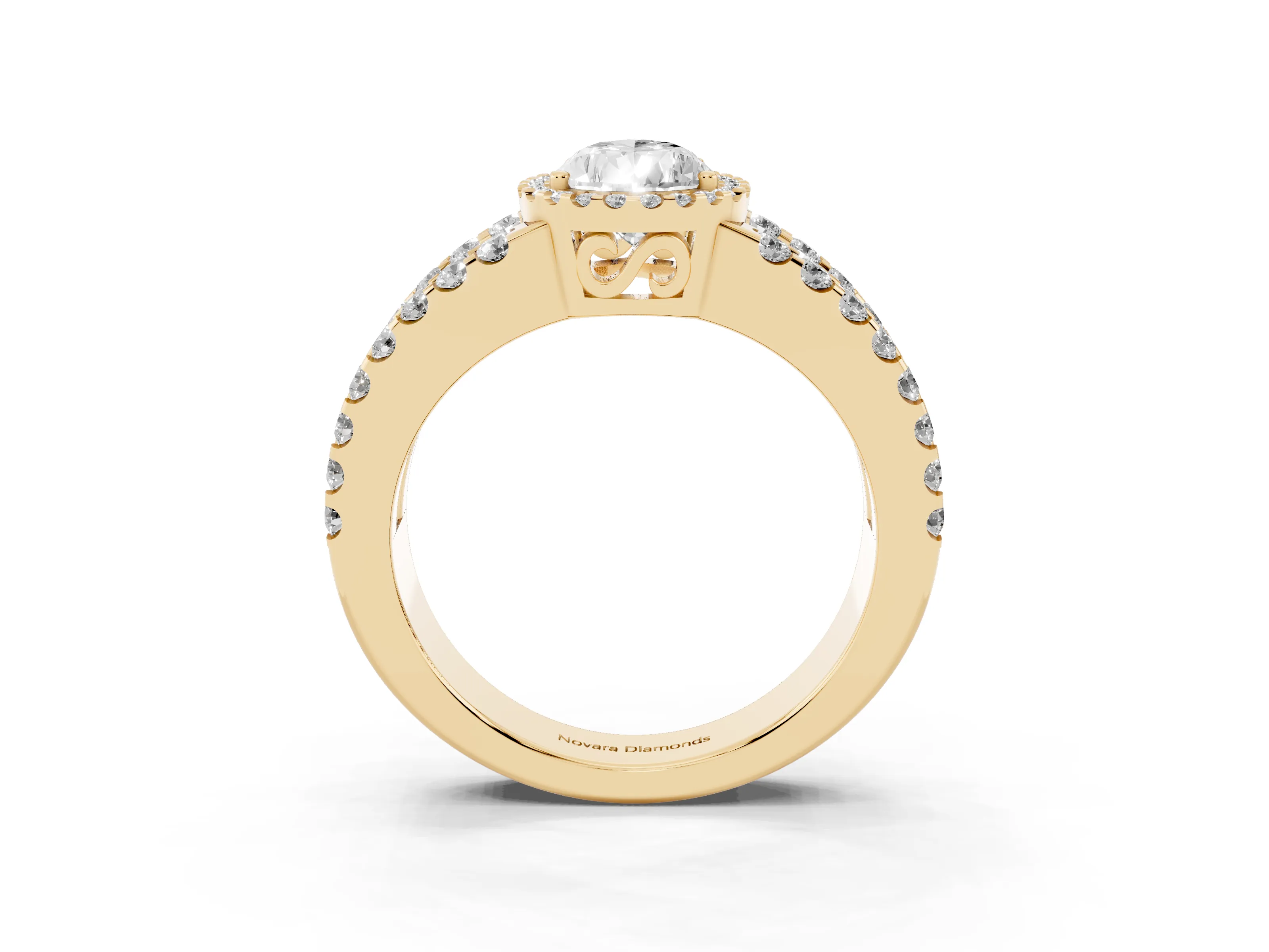 Pear Cut Diamond Halo Ring Set in Yellow gold with Pavé Split Shank and Prong Setting