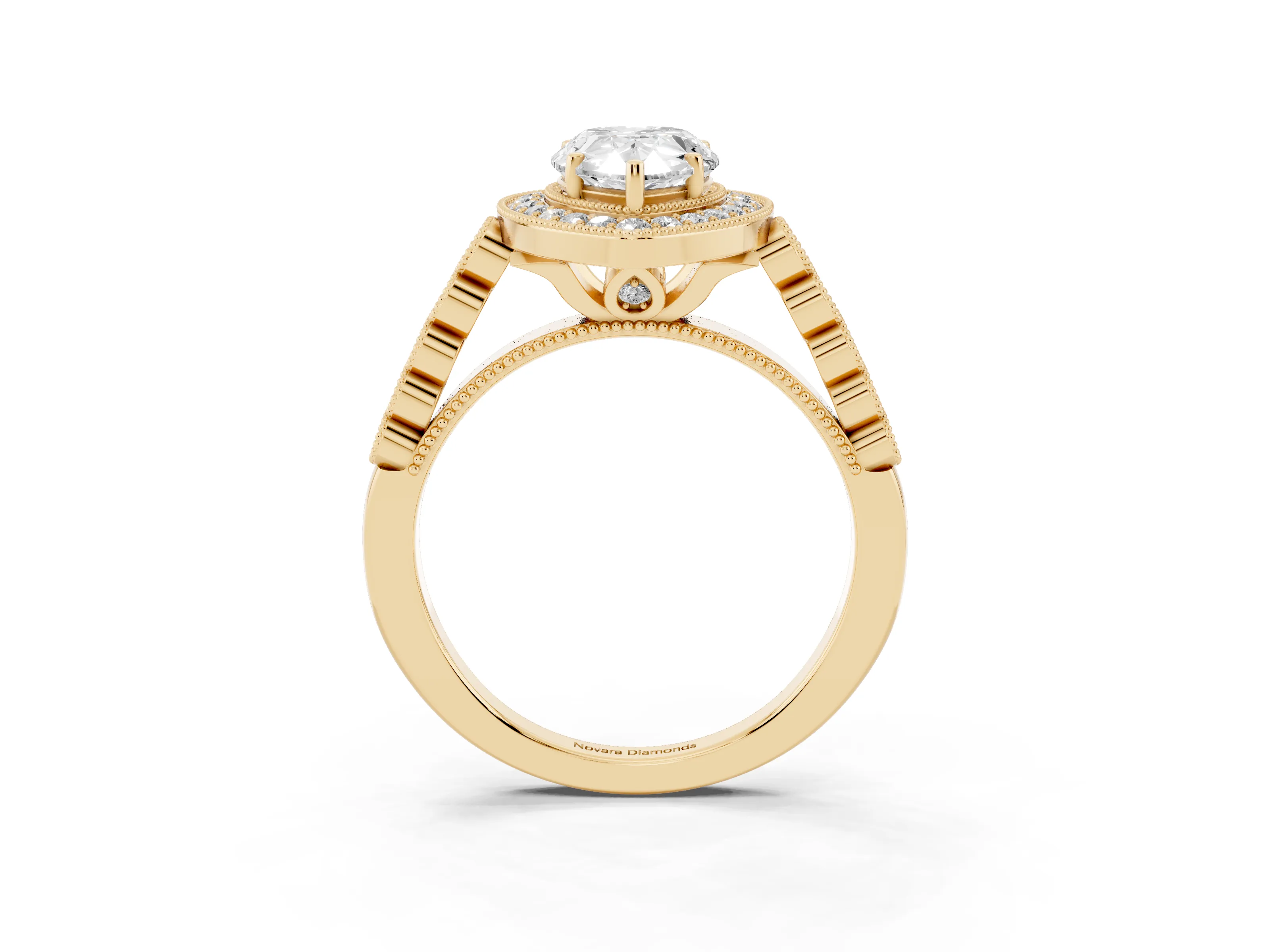 Pear Cut Diamond Milgrain Halo Solitaire Ring Set in Yellow gold with Bezel Set Side Stones and Pavé Band